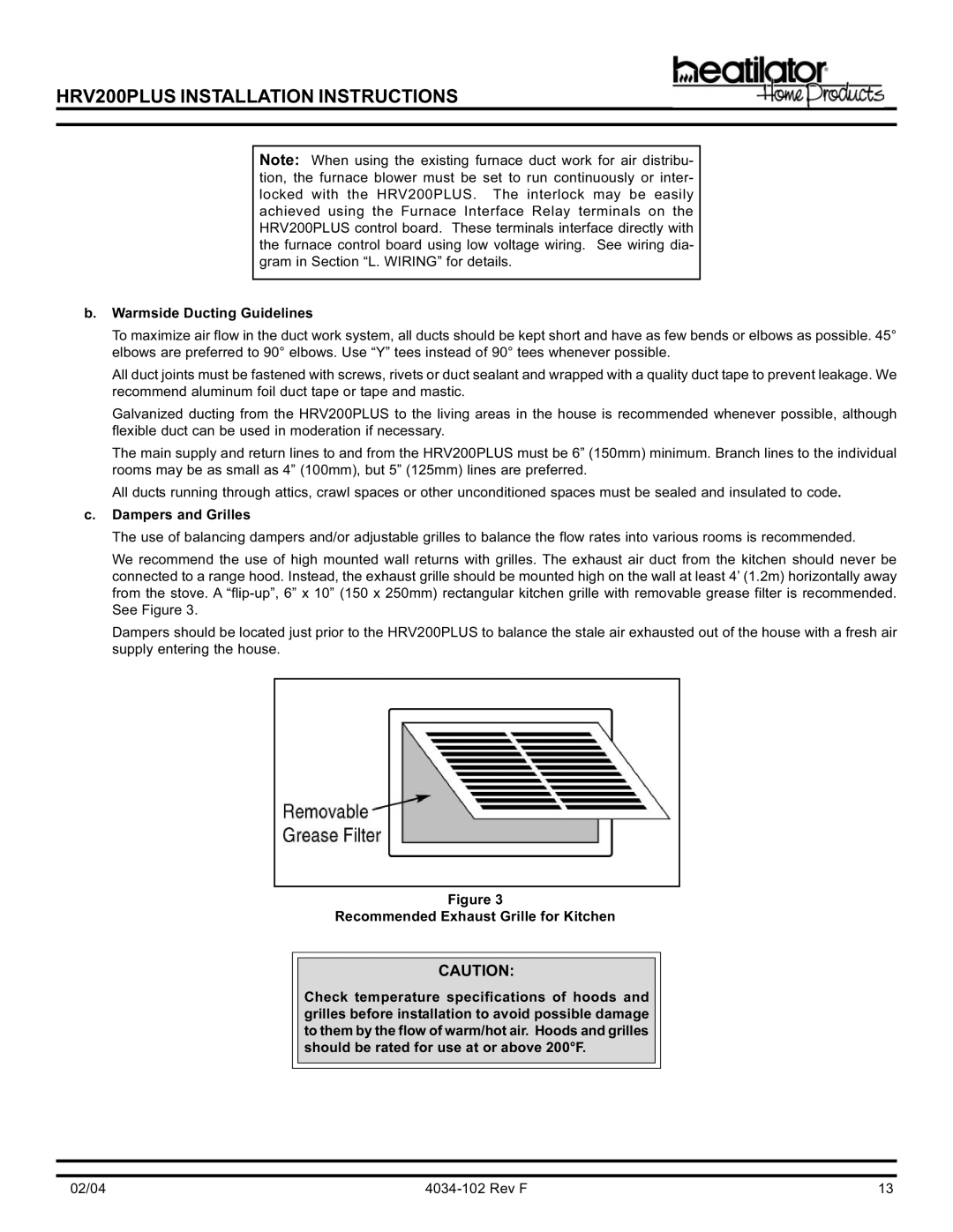 Hearth and Home Technologies HRV200PLUS manual Warmside Ducting Guidelines, Dampers and Grilles 