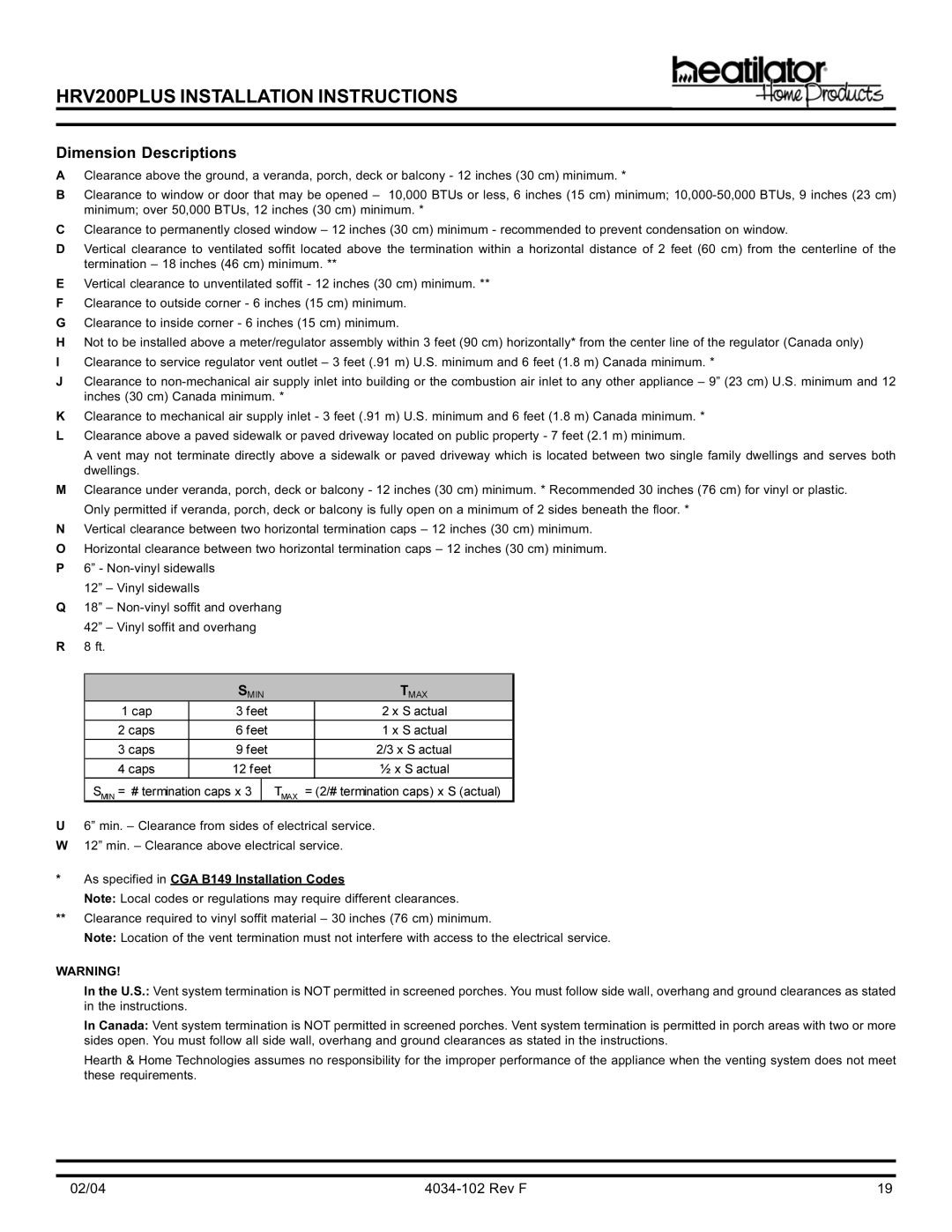 Hearth and Home Technologies HRV200PLUS manual Dimension Descriptions, As specified in CGA B149 Installation Codes 