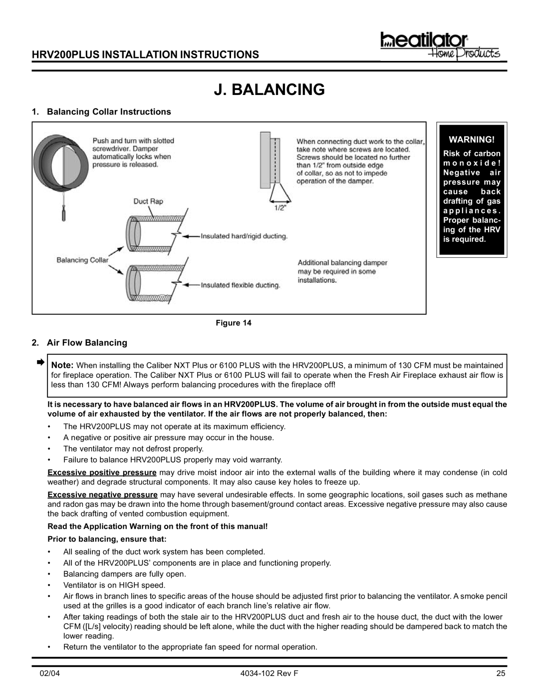 Hearth and Home Technologies HRV200PLUS manual Balancing Collar Instructions, Air Flow Balancing 