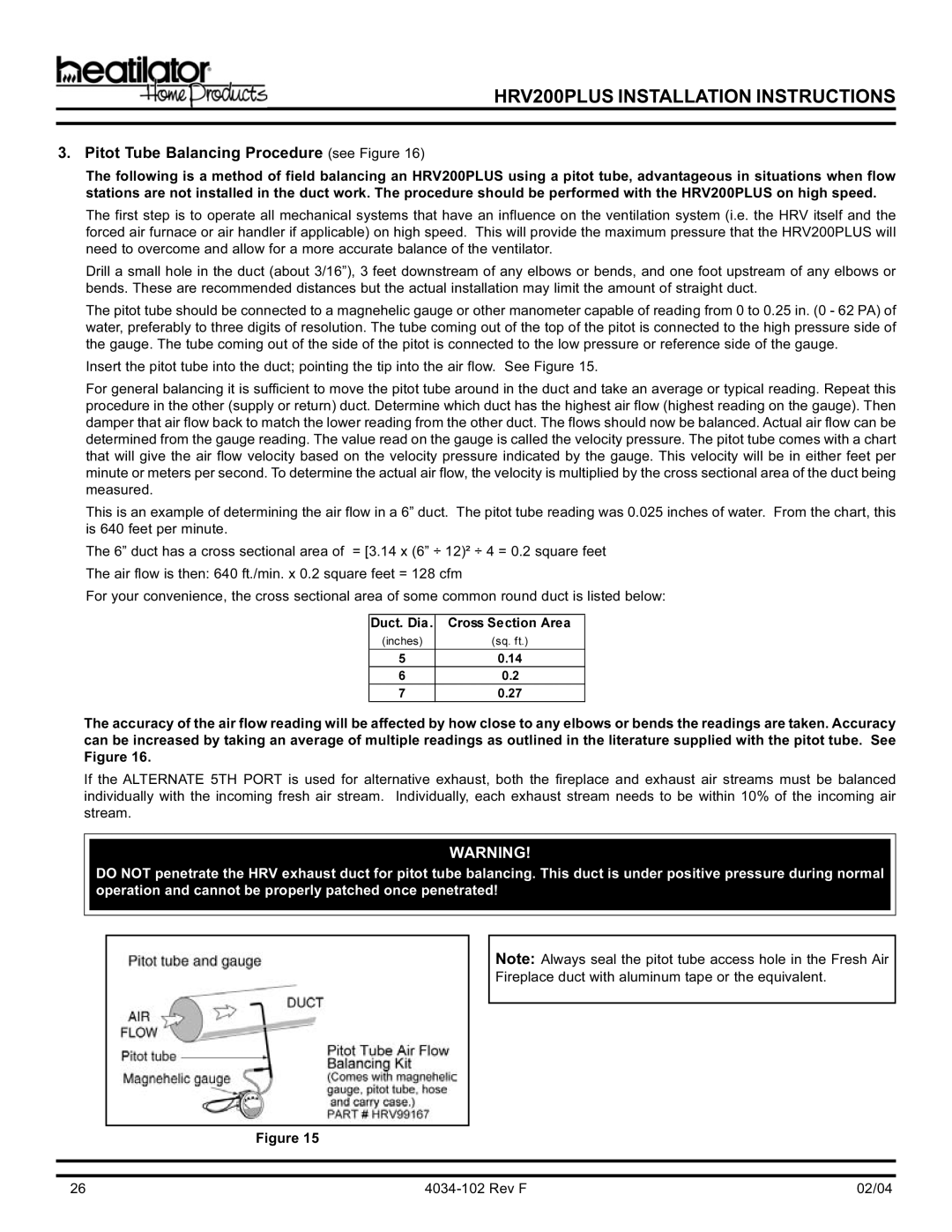 Hearth and Home Technologies HRV200PLUS manual Pitot Tube Balancing Procedure see Figure 