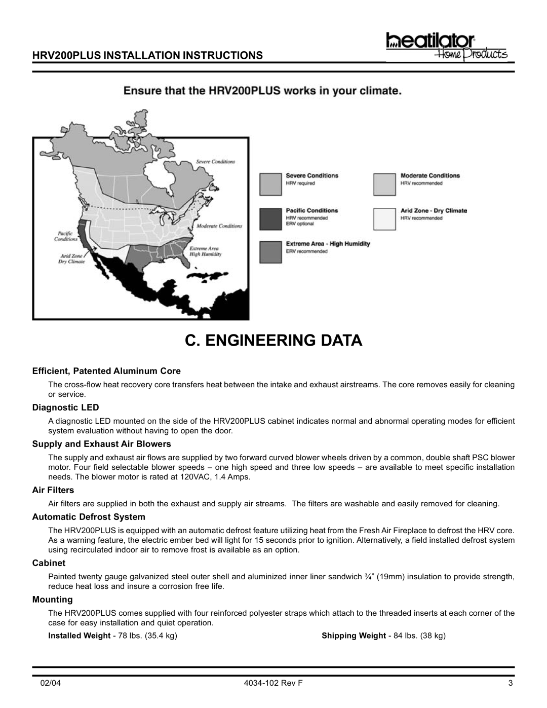 Hearth and Home Technologies HRV200PLUS manual Engineering Data 