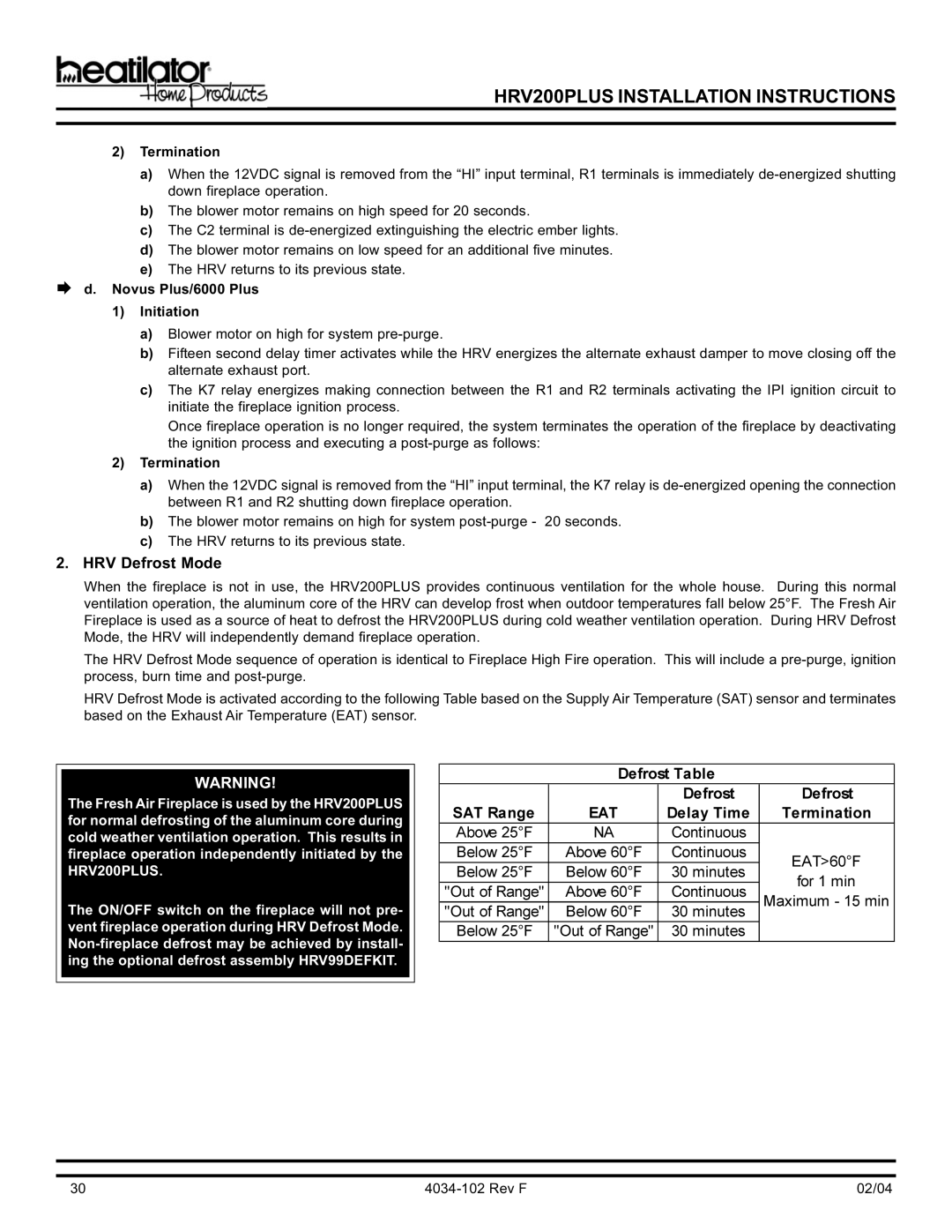 Hearth and Home Technologies HRV200PLUS manual HRV Defrost Mode, Termination, ∅ d. Novus Plus/6000 Plus Initiation 