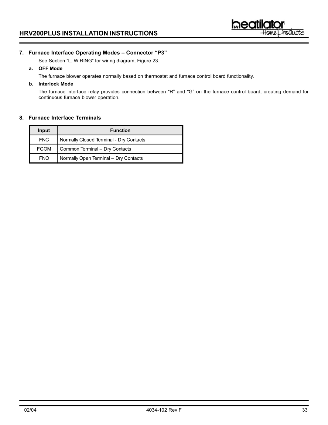 Hearth and Home Technologies HRV200PLUS manual Furnace Interface Operating Modes Connector P3, Furnace Interface Terminals 