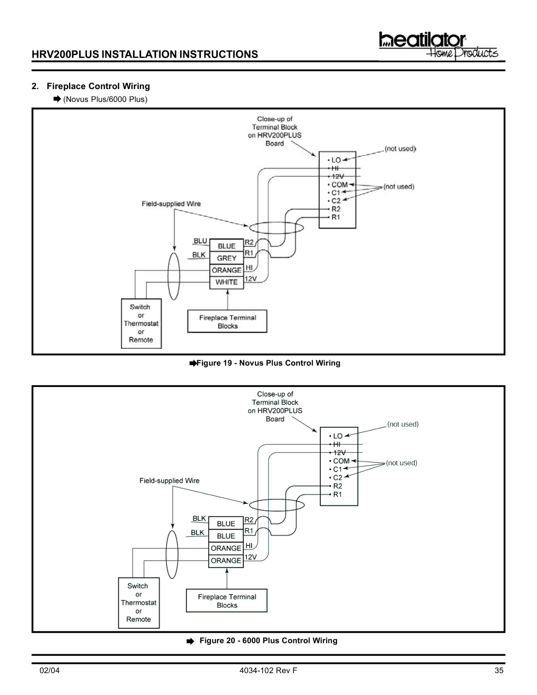 Hearth and Home Technologies HRV200PLUS manual ∅ Novus Plus Control Wiring ∅ 6000 Plus Control Wiring 