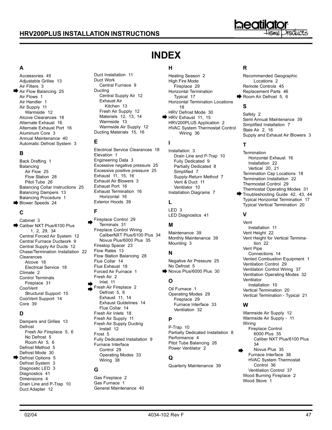 Hearth and Home Technologies HRV200PLUS manual Index, Ahr 