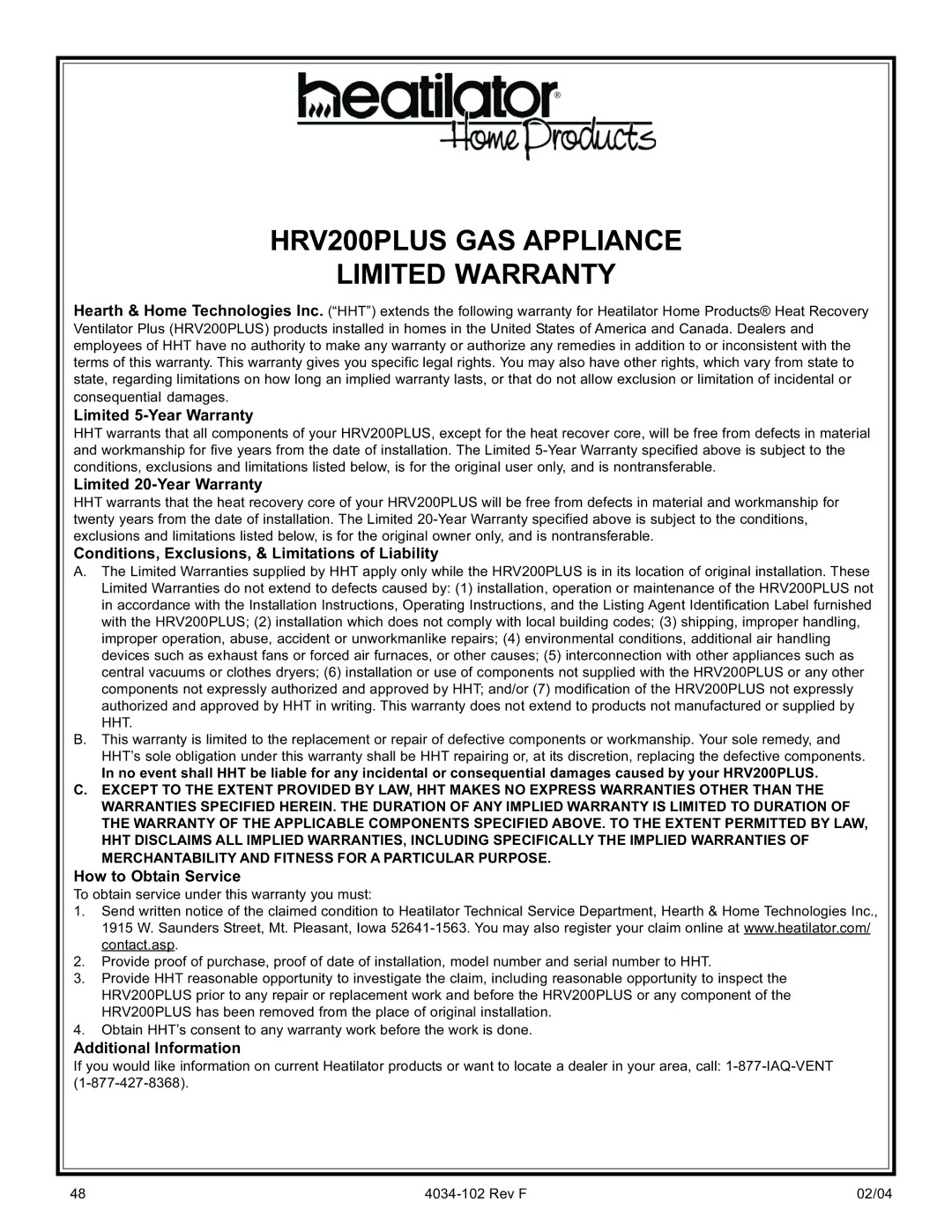 Hearth and Home Technologies manual HRV200PLUS GAS Appliance Limited Warranty 