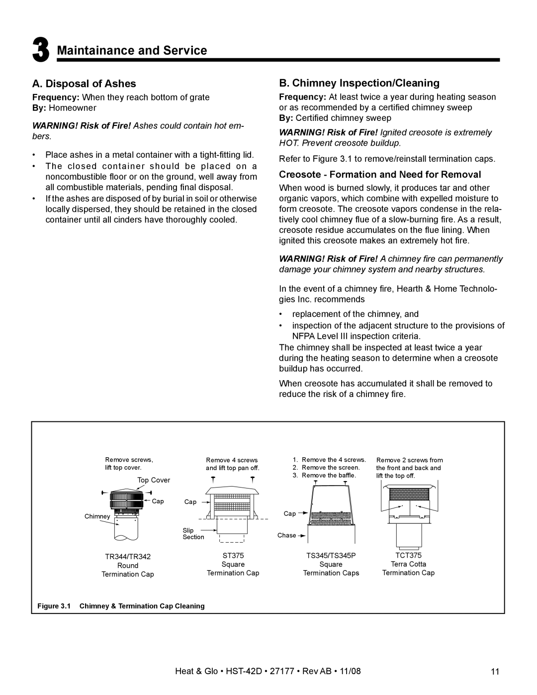 Hearth and Home Technologies HST-42D owner manual Maintainance and Service, Disposal of Ashes, Chimney Inspection/Cleaning 