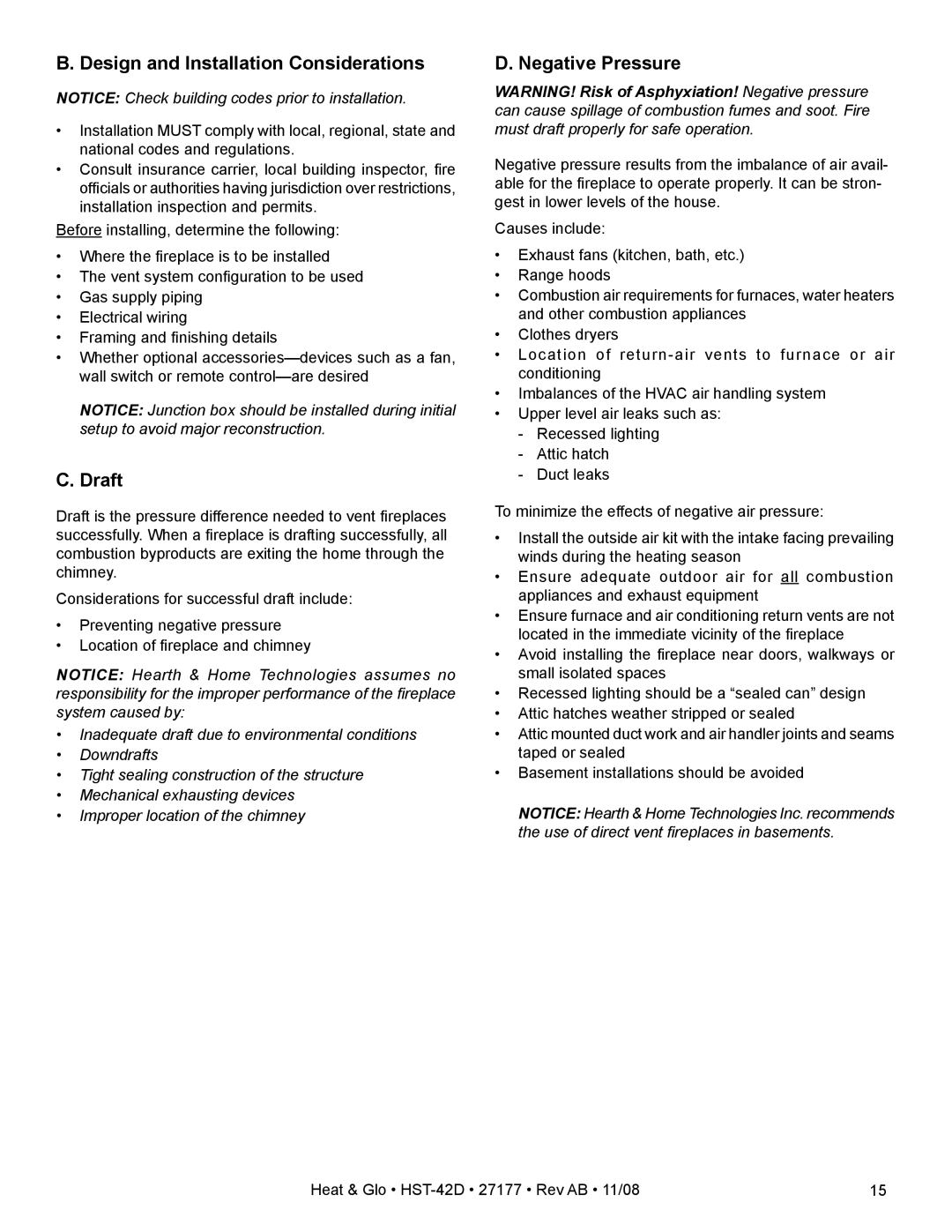 Hearth and Home Technologies HST-42D owner manual Design and Installation Considerations, Draft, Negative Pressure 