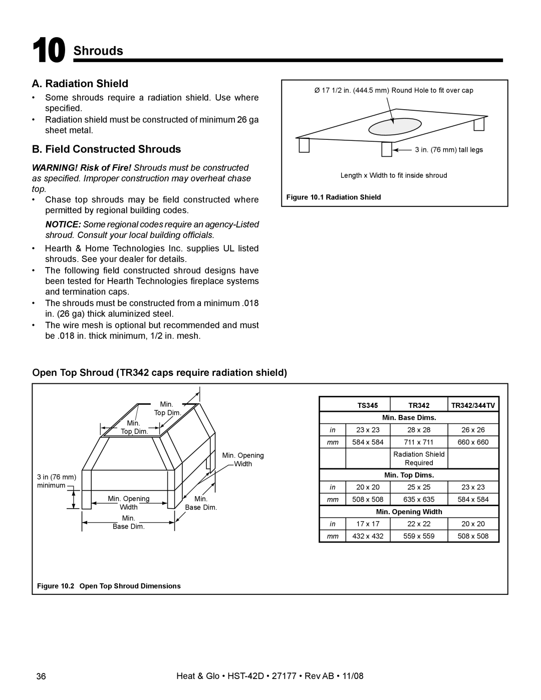 Hearth and Home Technologies HST-42D owner manual Radiation Shield, Field Constructed Shrouds 