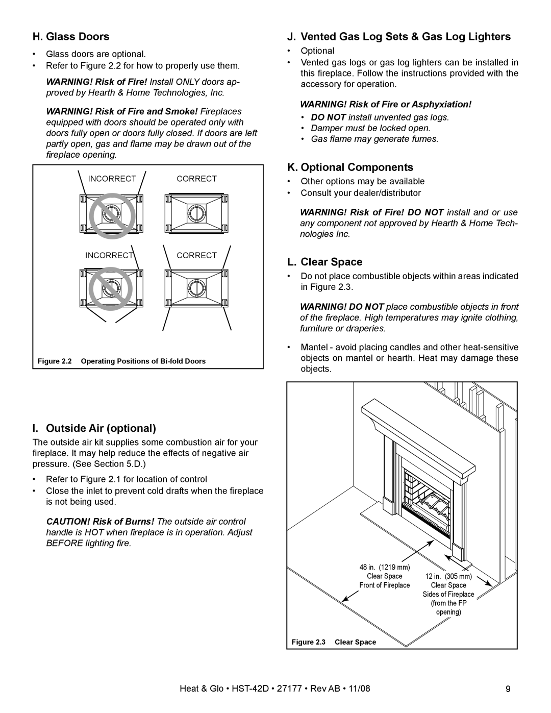 Hearth and Home Technologies HST-42D owner manual Glass Doors, Outside Air optional, Vented Gas Log Sets & Gas Log Lighters 