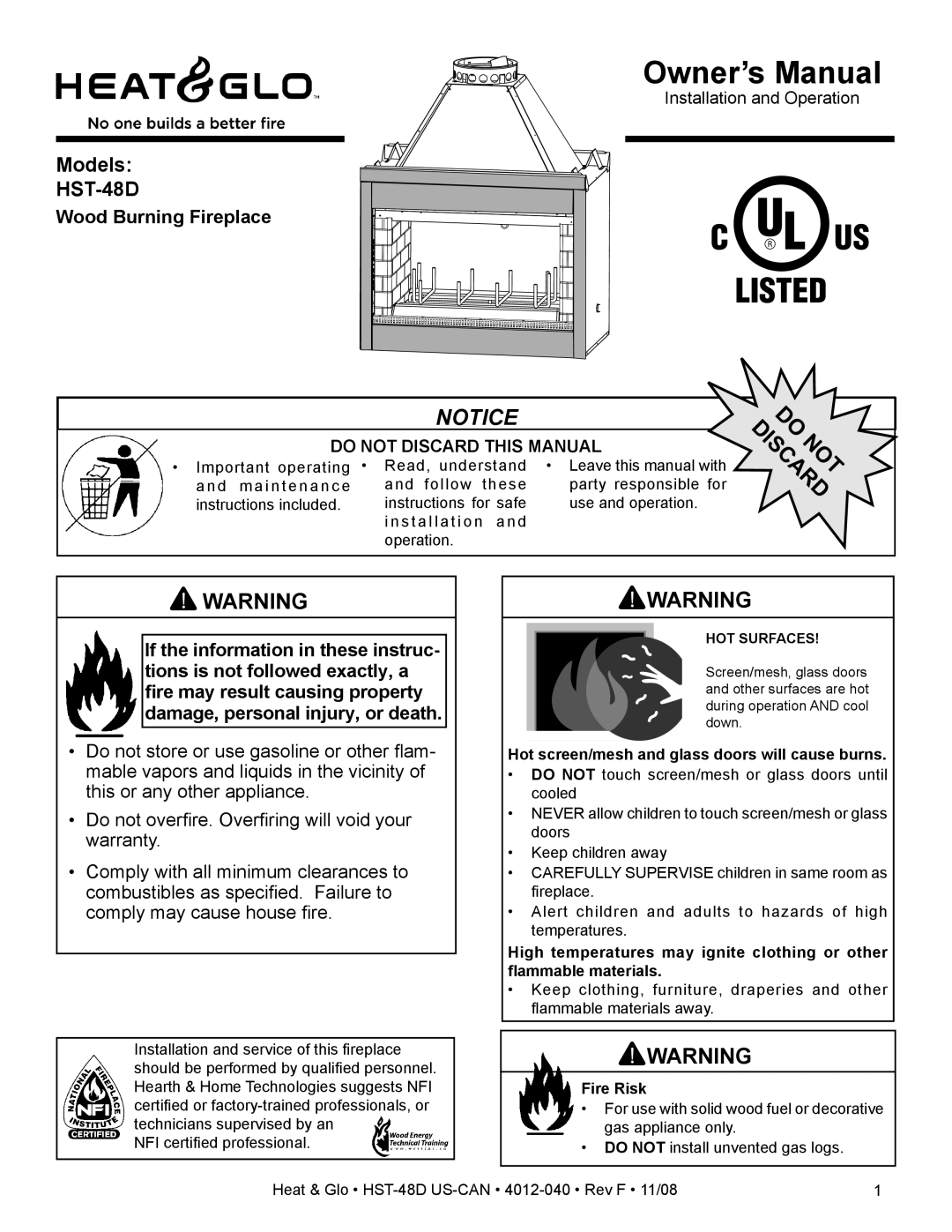 Hearth and Home Technologies HST-48D owner manual Wood Burning Fireplace, Operation, Fire Risk 