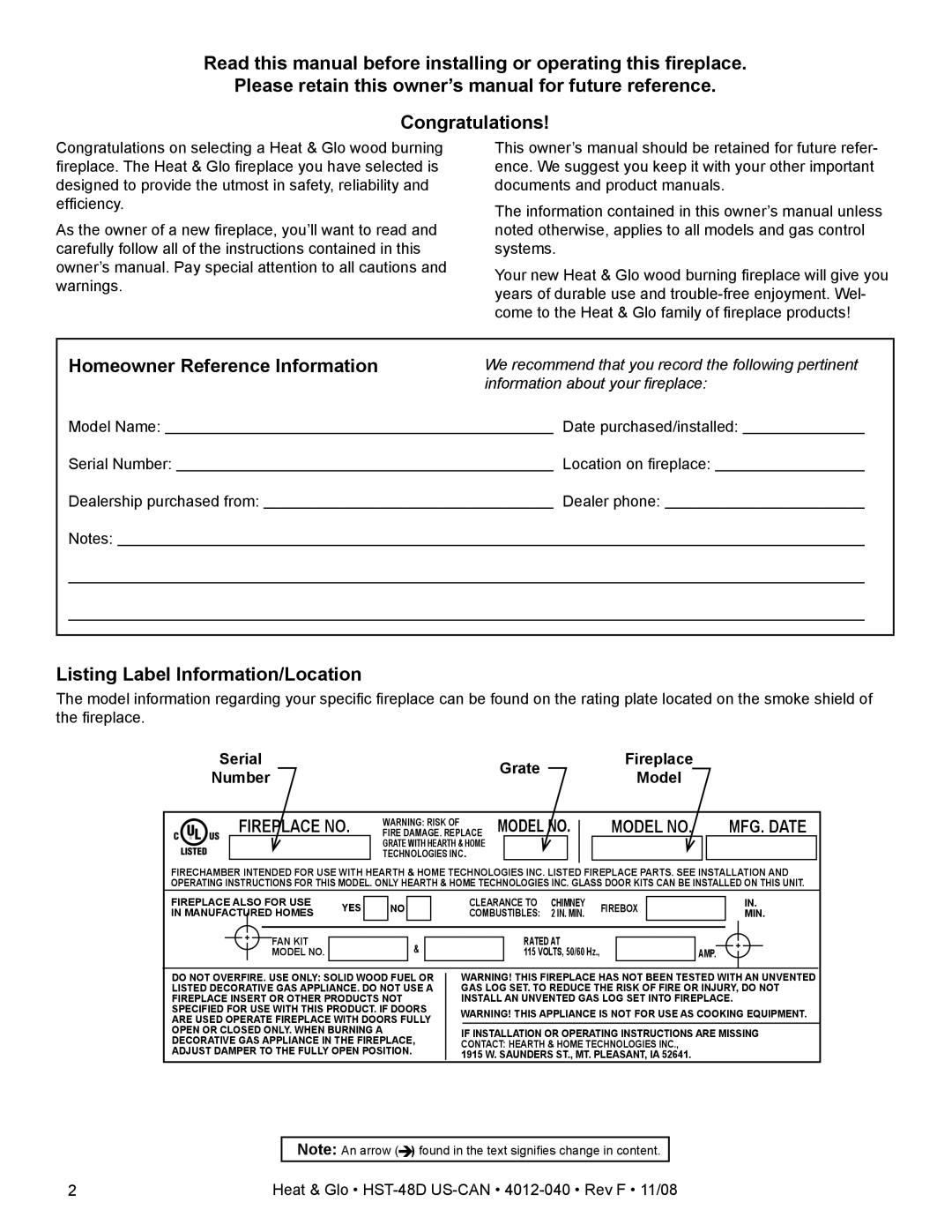 Hearth and Home Technologies HST-48D owner manual Listing Label Information/Location, Grate, Number 