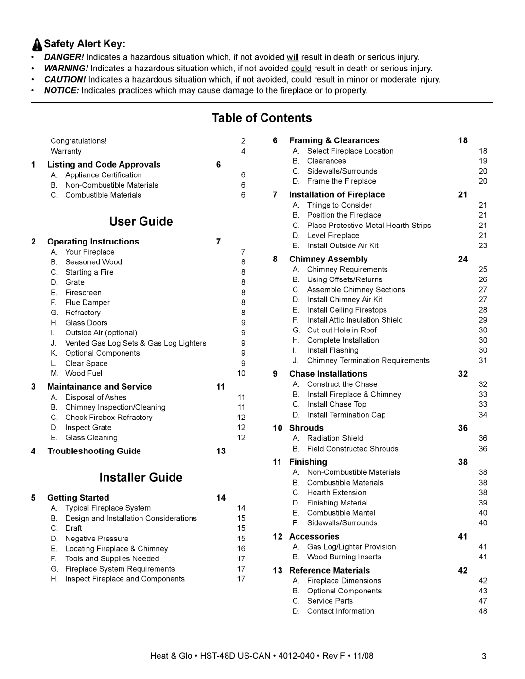 Hearth and Home Technologies HST-48D owner manual Table of Contents, User Guide, Installer Guide 