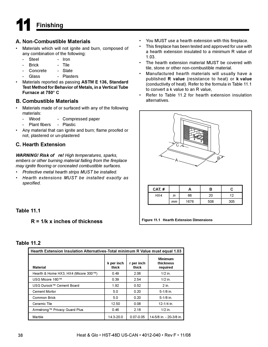 Hearth and Home Technologies HST-48D owner manual Finishing, Hearth Extension, = 1/k x inches of thickness 