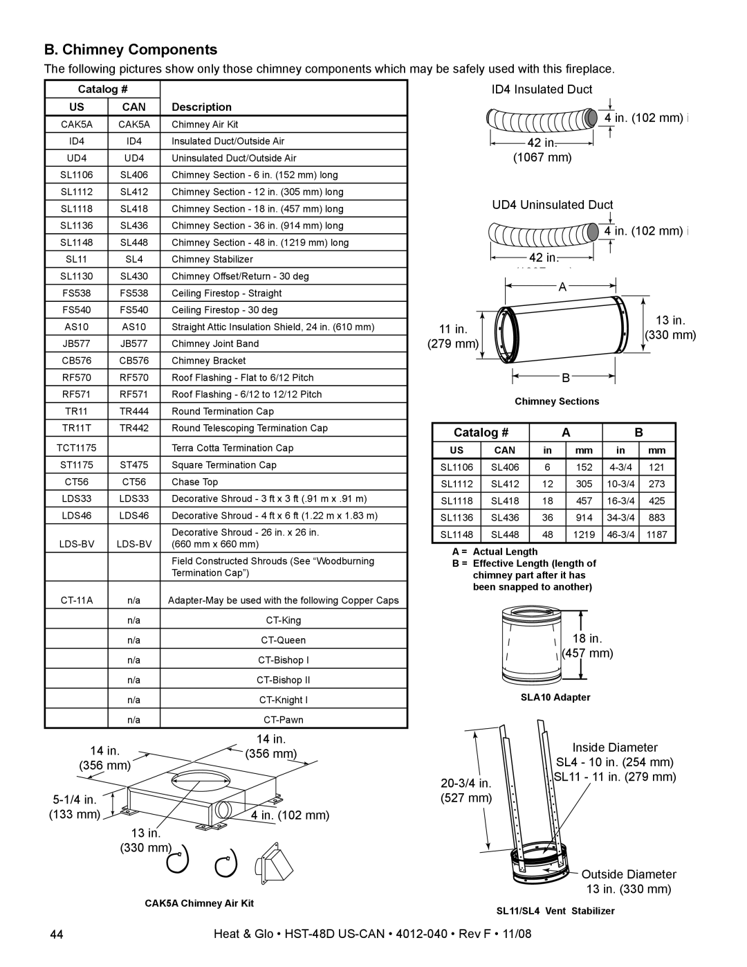 Hearth and Home Technologies HST-48D owner manual Chimney Components, Catalog #, 457 mm, Inside Diameter 