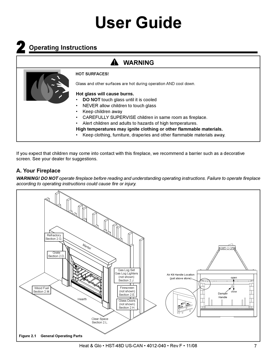 Hearth and Home Technologies HST-48D owner manual Operating Instructions, Your Fireplace, Hot glass will cause burns 