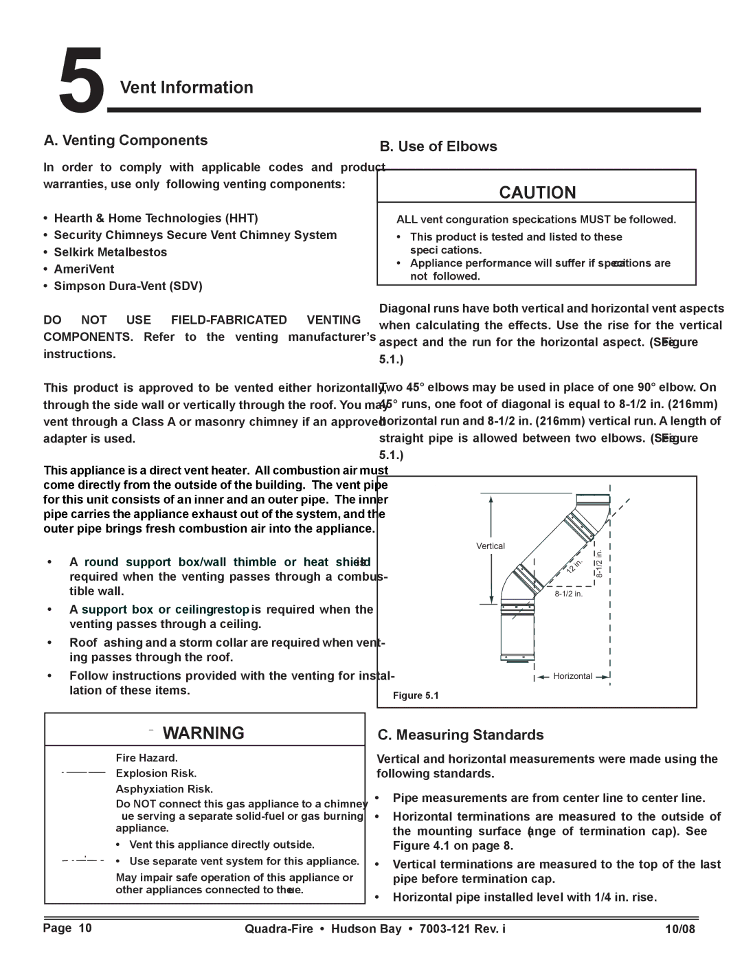 Hearth and Home Technologies HUDBAY-FS Vent Information, Venting Components, Use of Elbows, Measuring Standards 