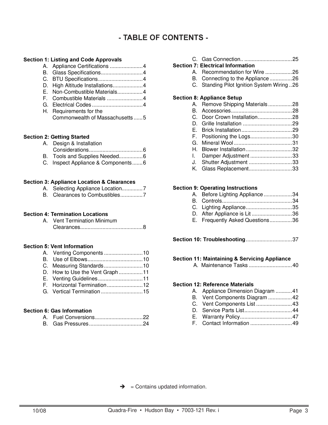 Hearth and Home Technologies HUDBAY-FS owner manual Table of Contents 