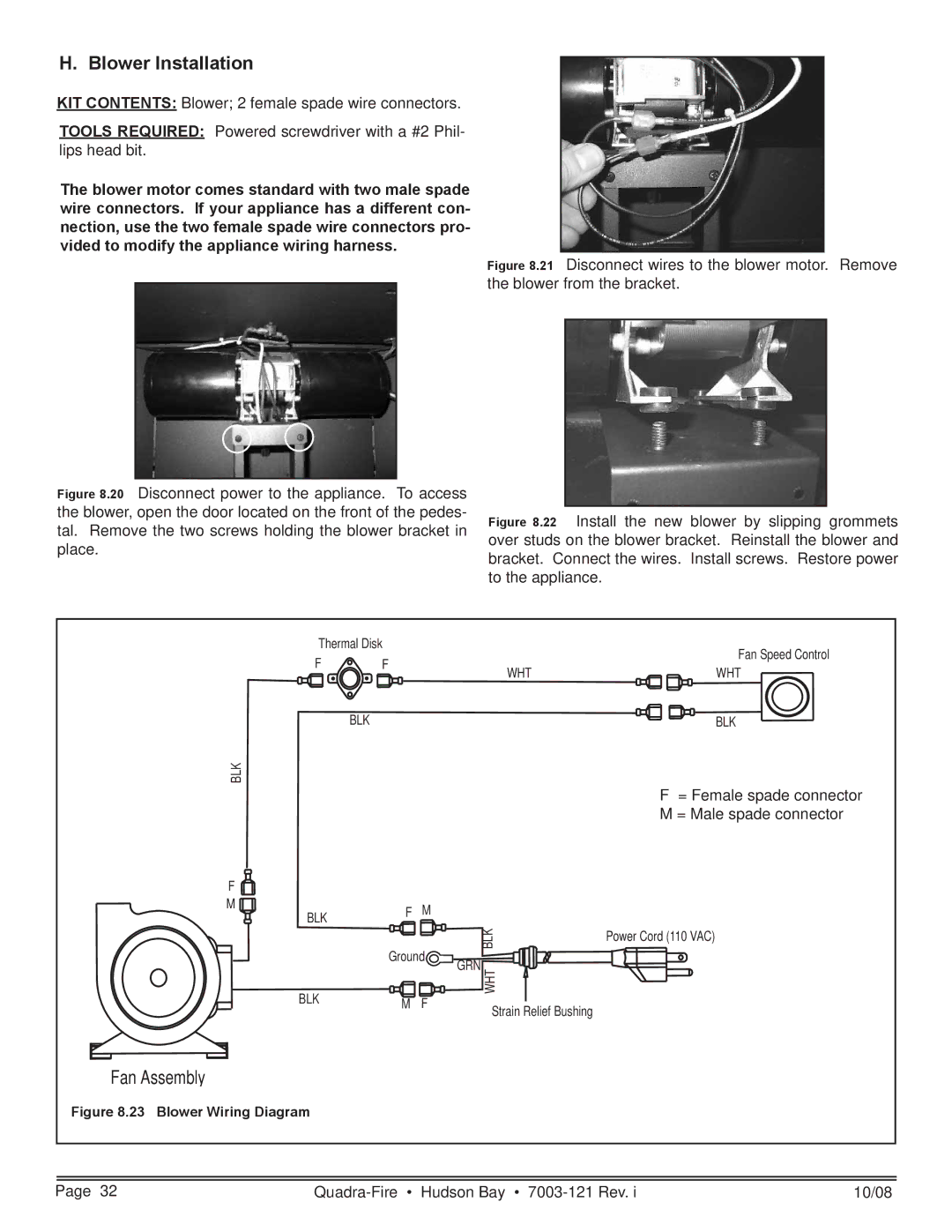 Hearth and Home Technologies HUDBAY-FS owner manual Blower Installation, Blower Wiring Diagram 