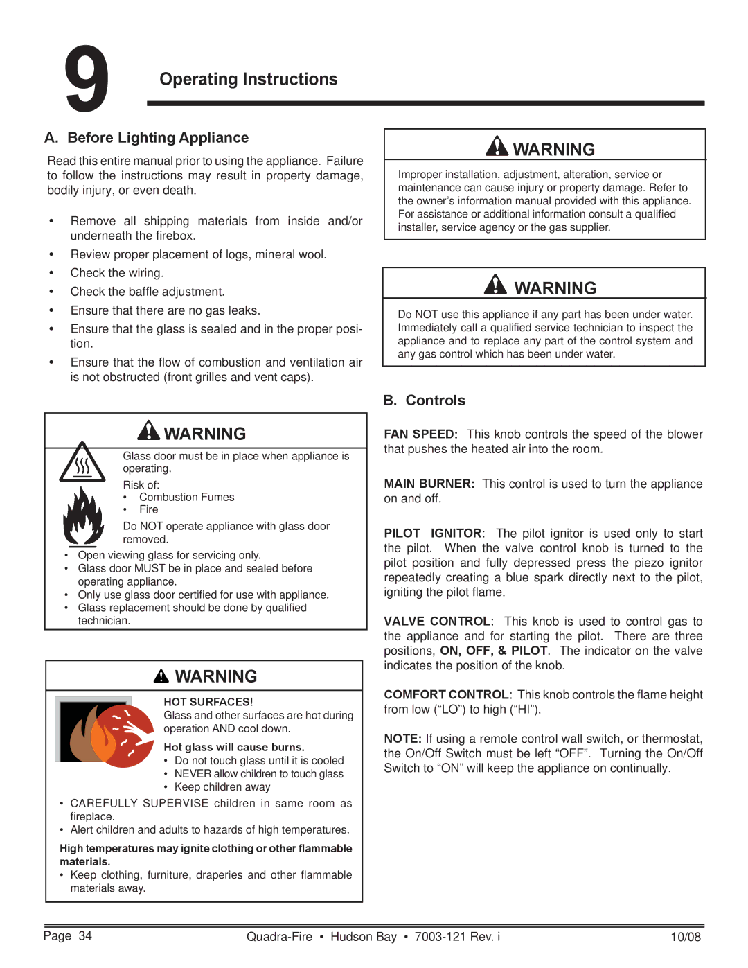 Hearth and Home Technologies HUDBAY-FS owner manual Operating Instructions, Before Lighting Appliance, Controls 