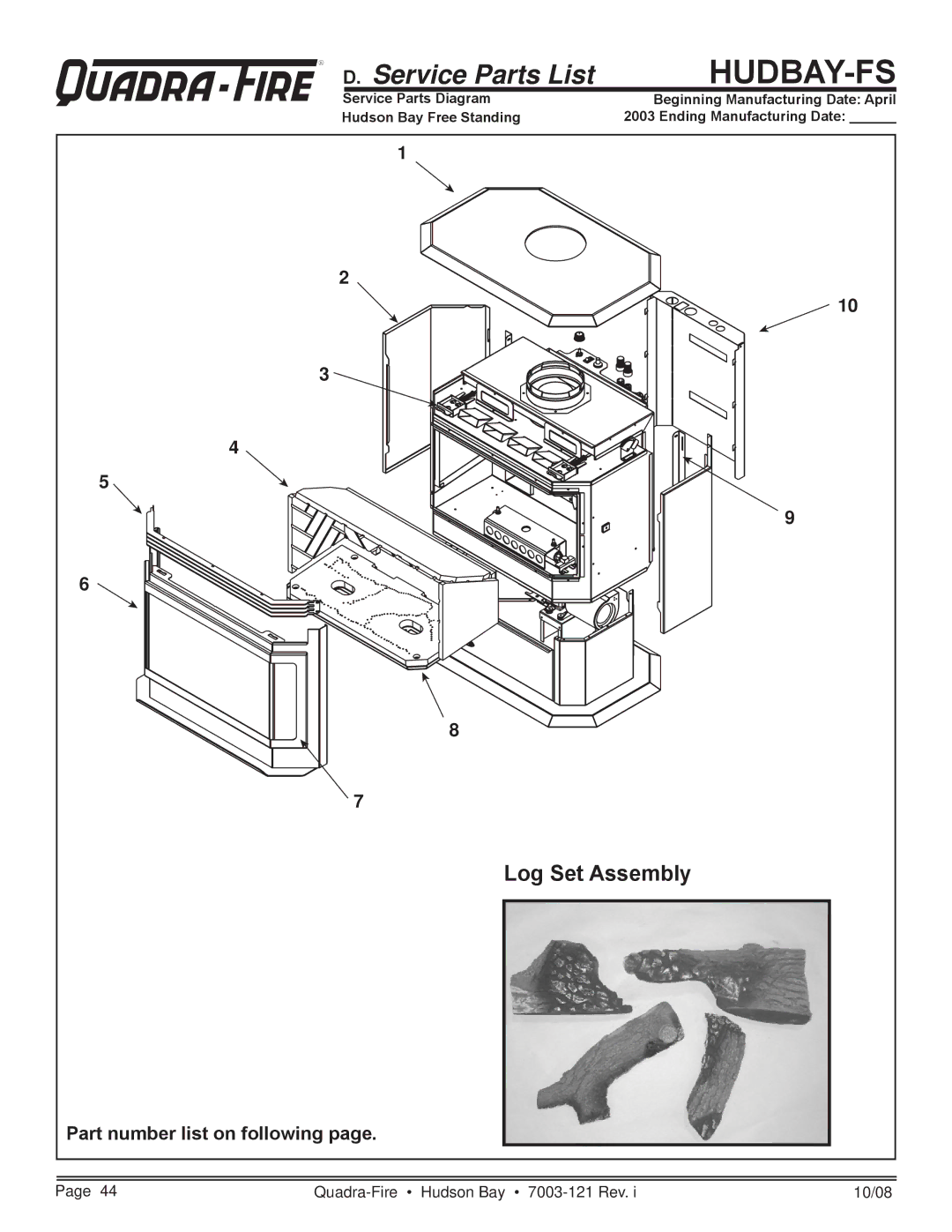 Hearth and Home Technologies HUDBAY-FS owner manual RD. Service Parts List 