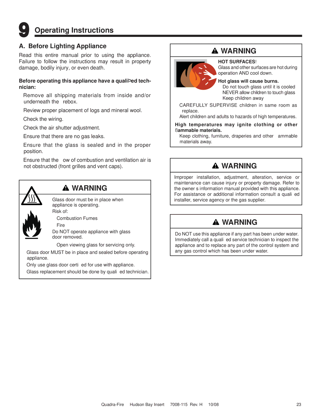 Hearth and Home Technologies HUDBAY-INS owner manual Operating Instructions, Before Lighting Appliance 