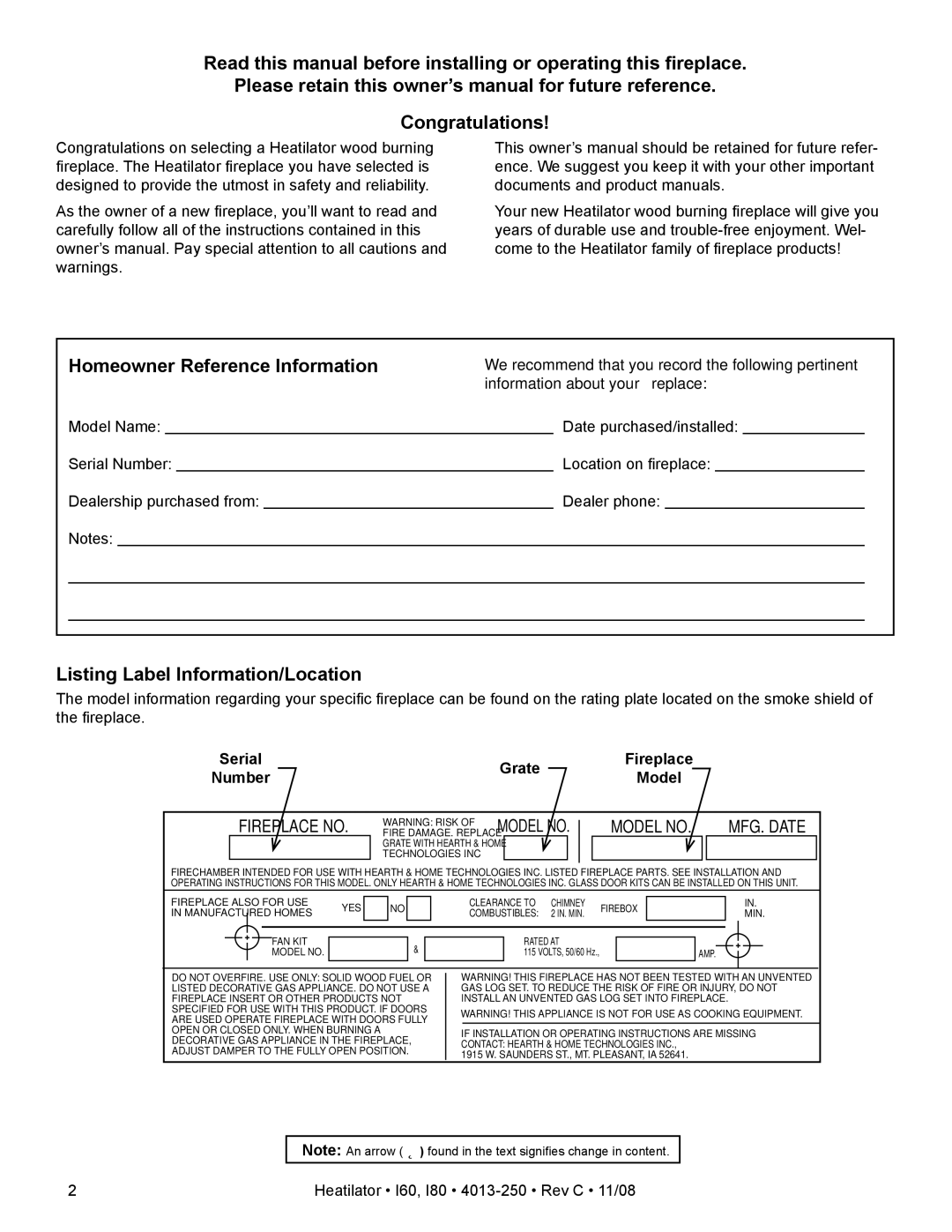 Hearth and Home Technologies I60, I80 owner manual Listing Label Information/Location, Grate, Number 