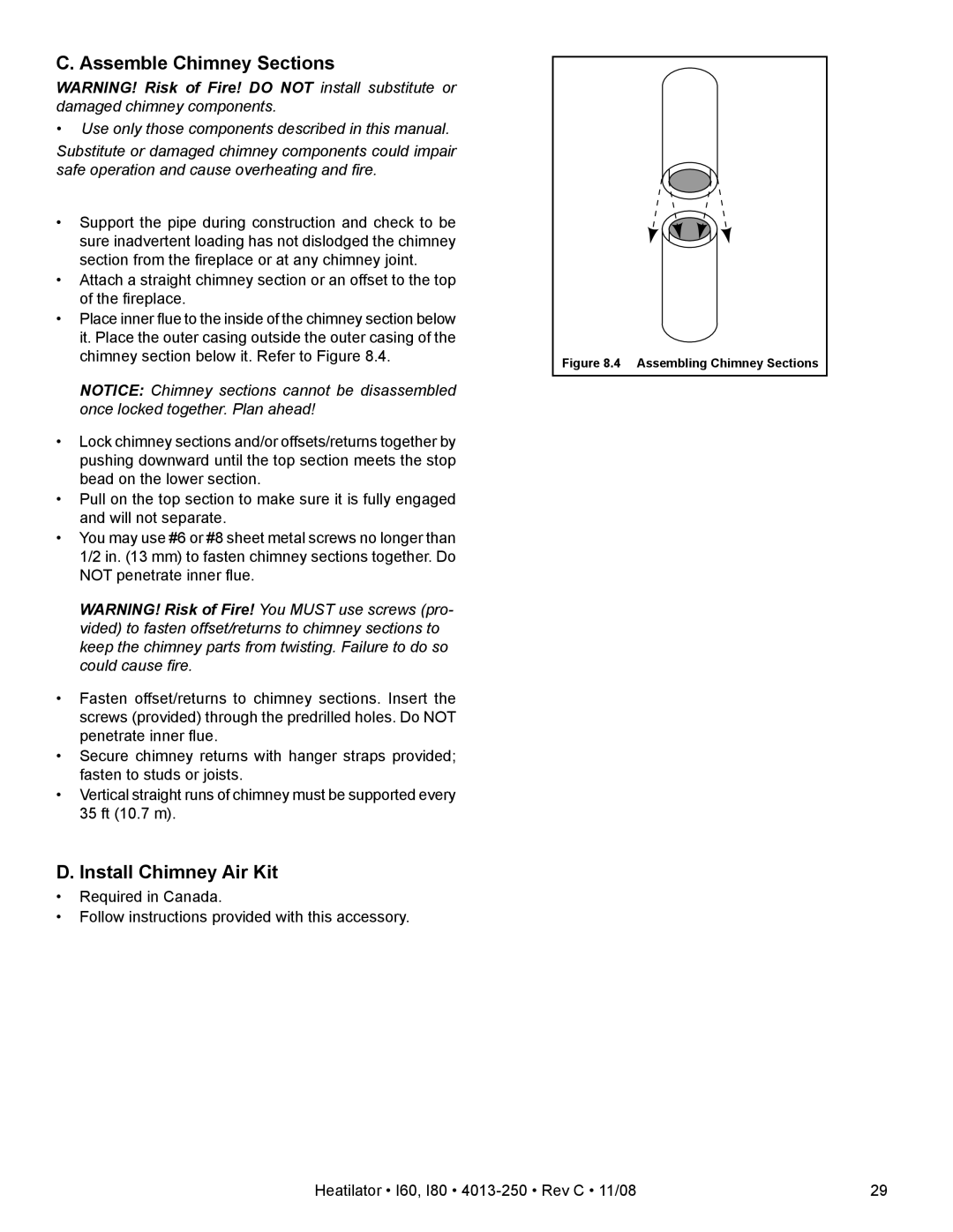 Hearth and Home Technologies I80, I60 owner manual Assemble Chimney Sections, Install Chimney Air Kit 