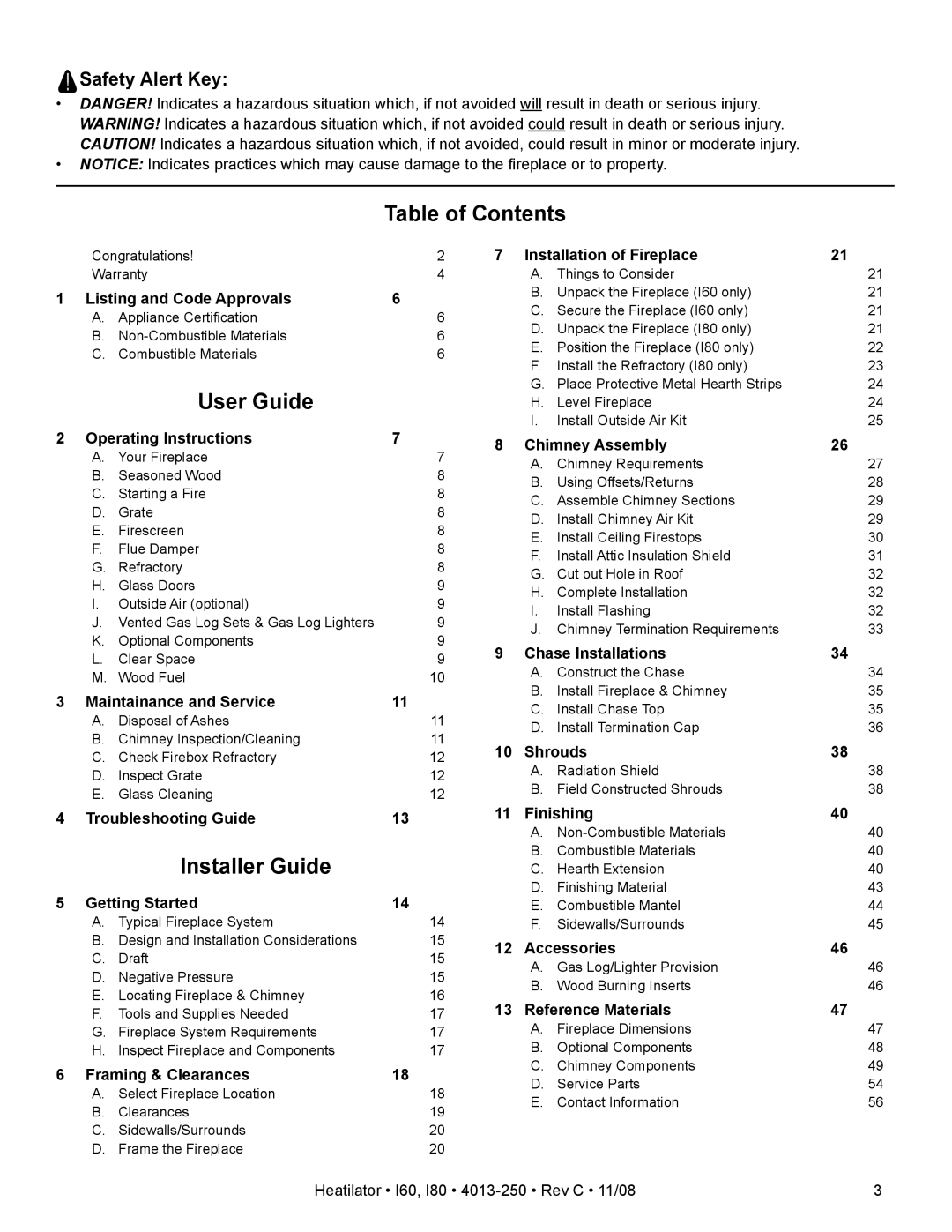 Hearth and Home Technologies I80, I60 owner manual Table of Contents, User Guide, Installer Guide 