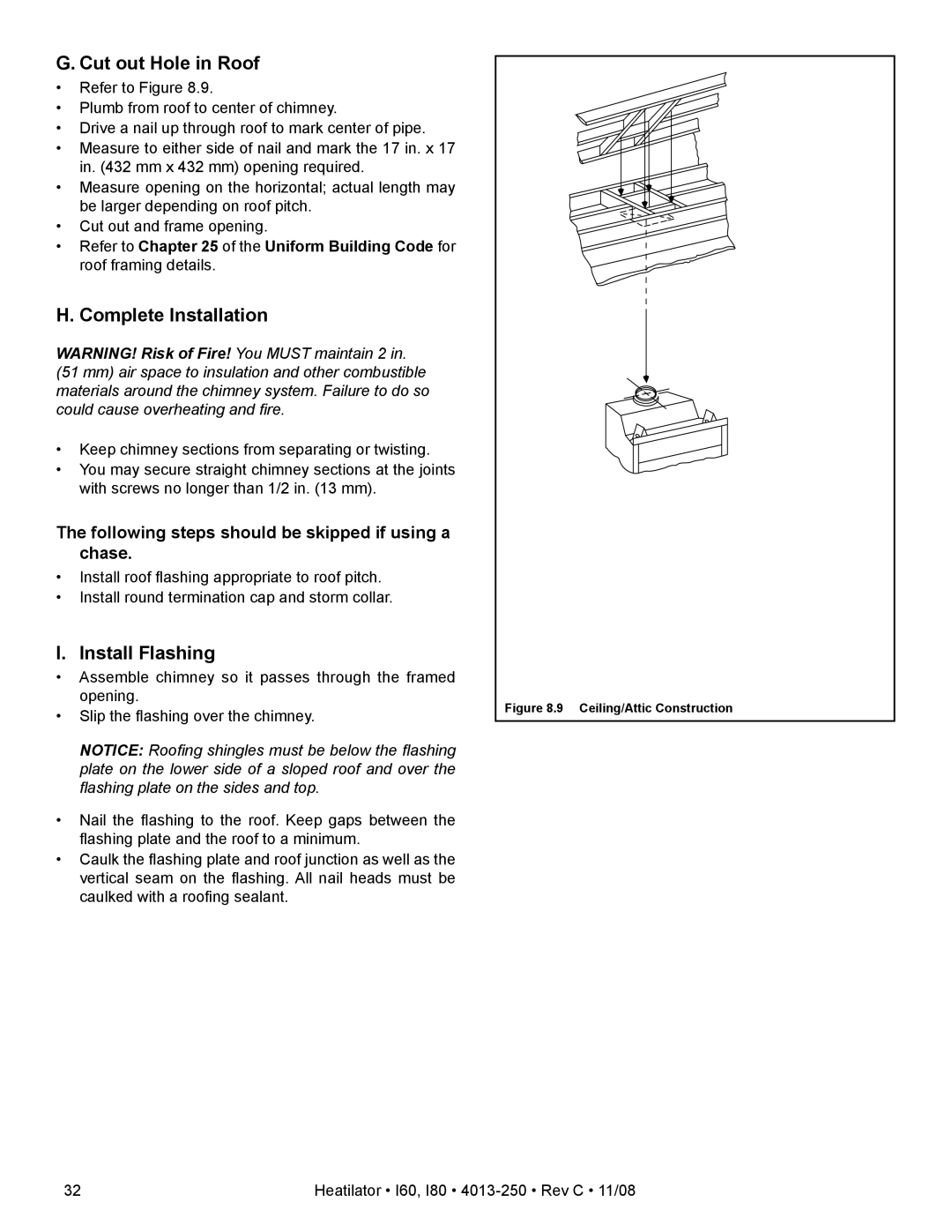 Hearth and Home Technologies I60, I80 owner manual Cut out Hole in Roof, Complete Installation, Install Flashing 