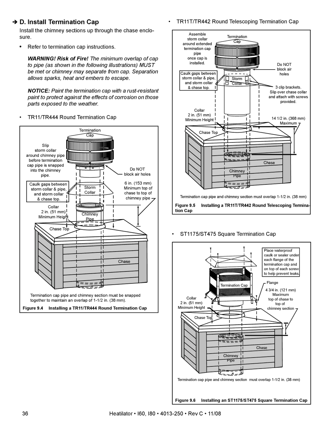 Hearth and Home Technologies I60, I80 owner manual Install Termination Cap, ST1175/ST475 Square Termination Cap 