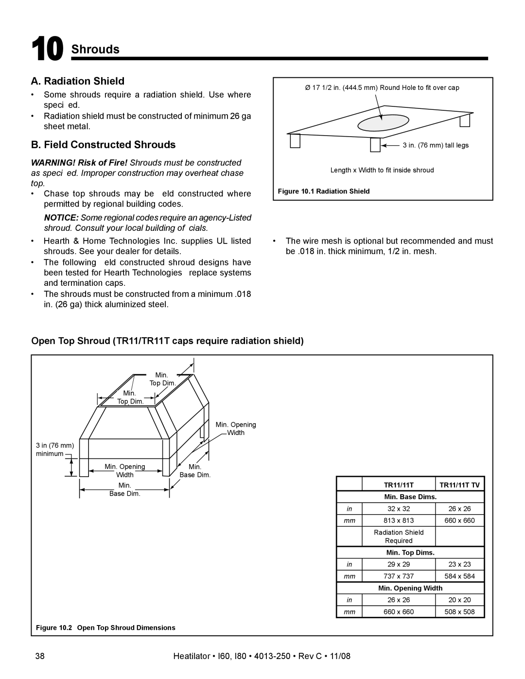 Hearth and Home Technologies I60, I80 owner manual Radiation Shield, Field Constructed Shrouds 