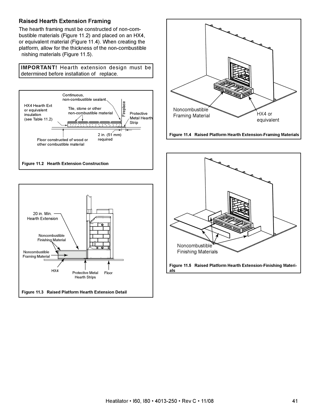 Hearth and Home Technologies I80, I60 owner manual Raised Hearth Extension Framing, Hearth Extension Construction 