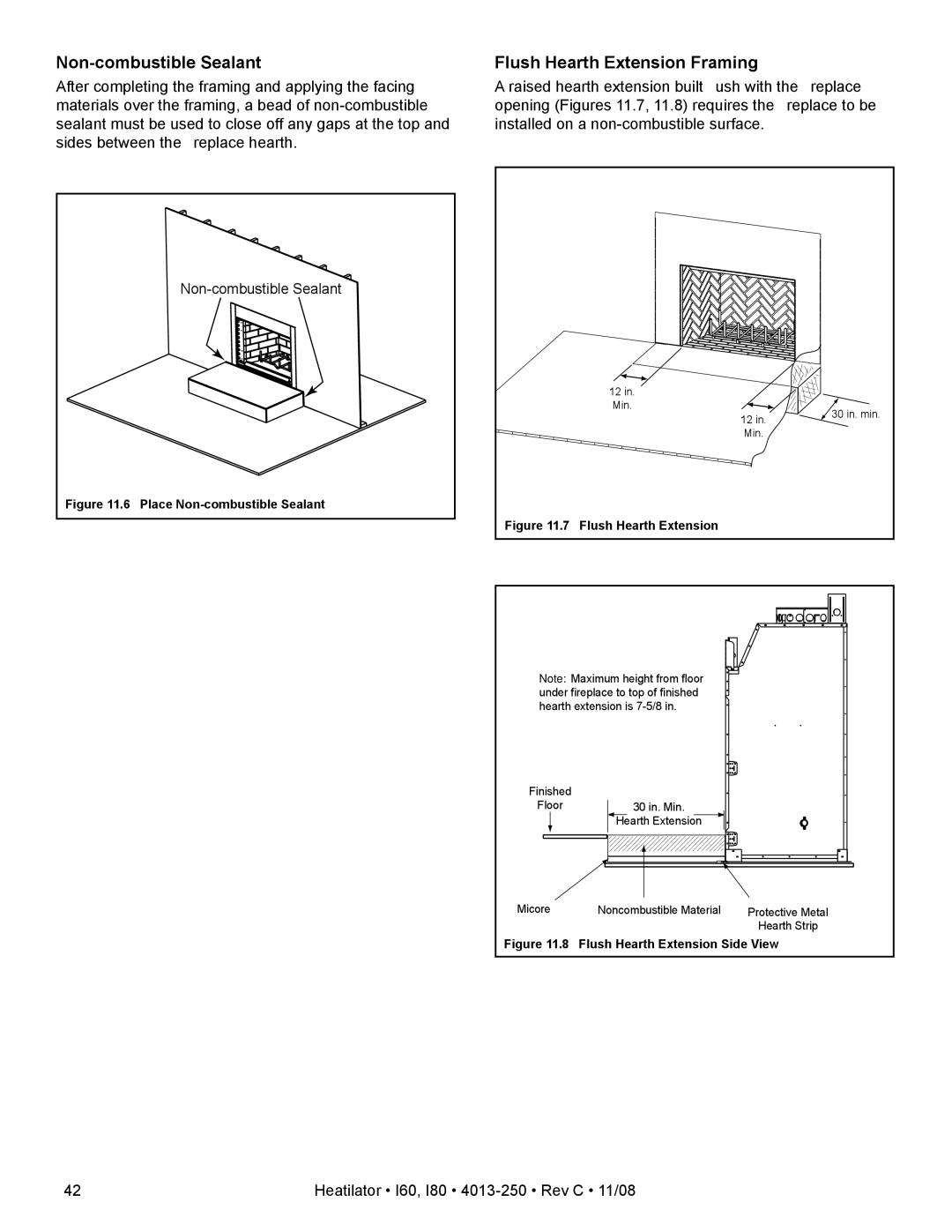 Hearth and Home Technologies I60, I80 owner manual Non-combustible Sealant, Flush Hearth Extension Framing 