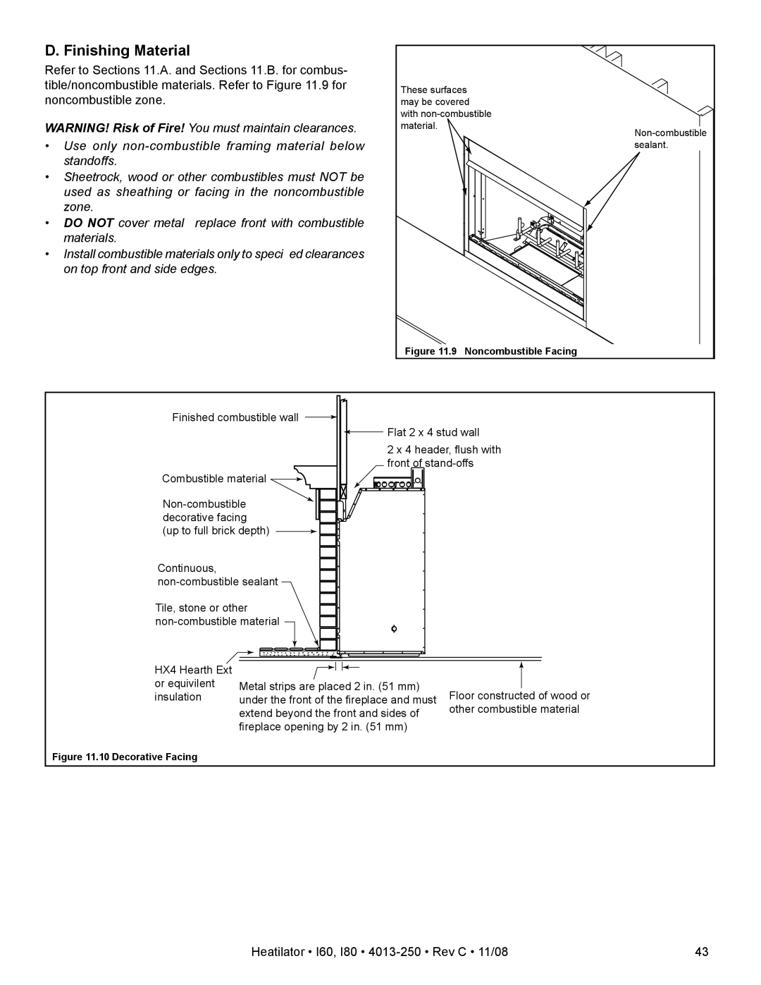 Hearth and Home Technologies I80, I60 owner manual Finishing Material, Noncombustible Facing 