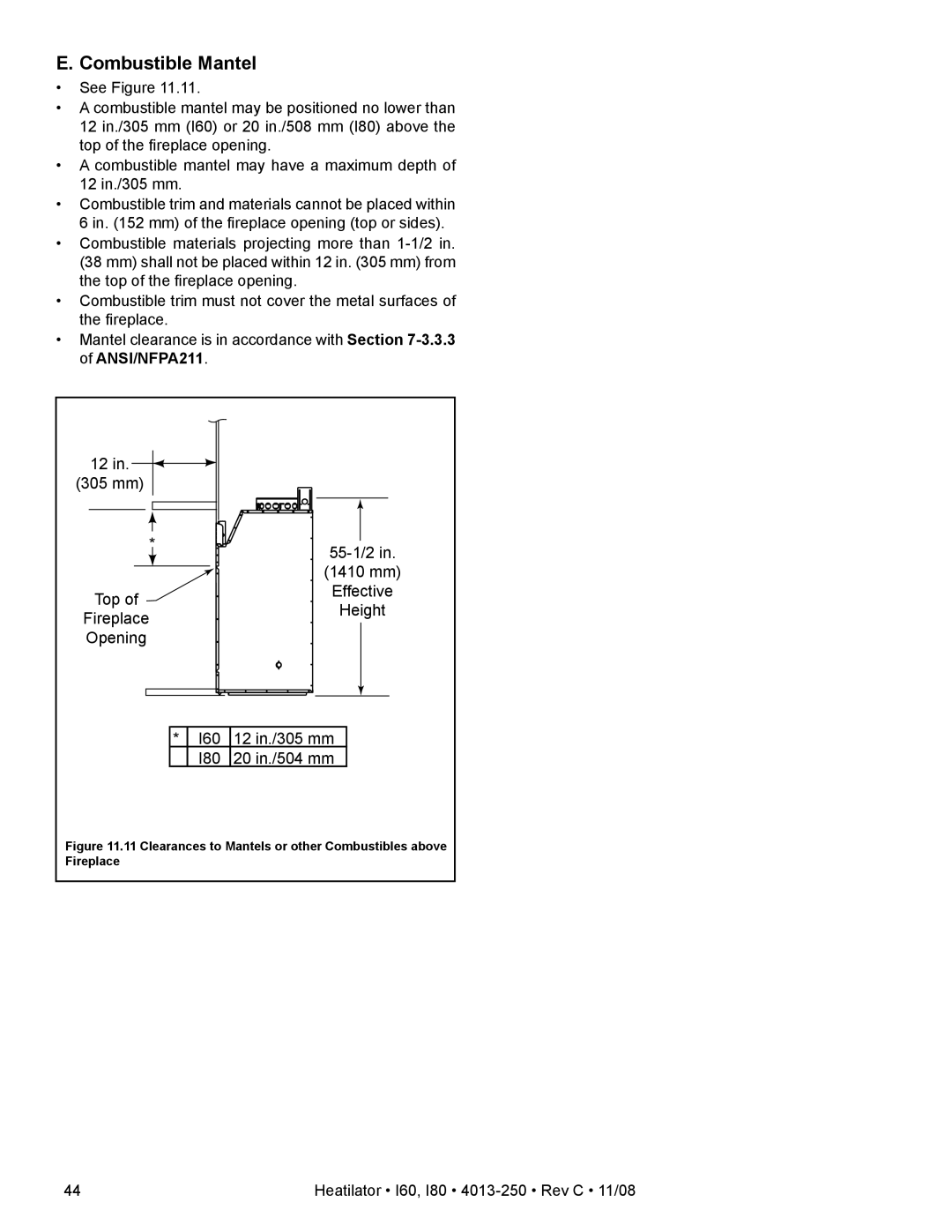 Hearth and Home Technologies I60, I80 owner manual Combustible Mantel 