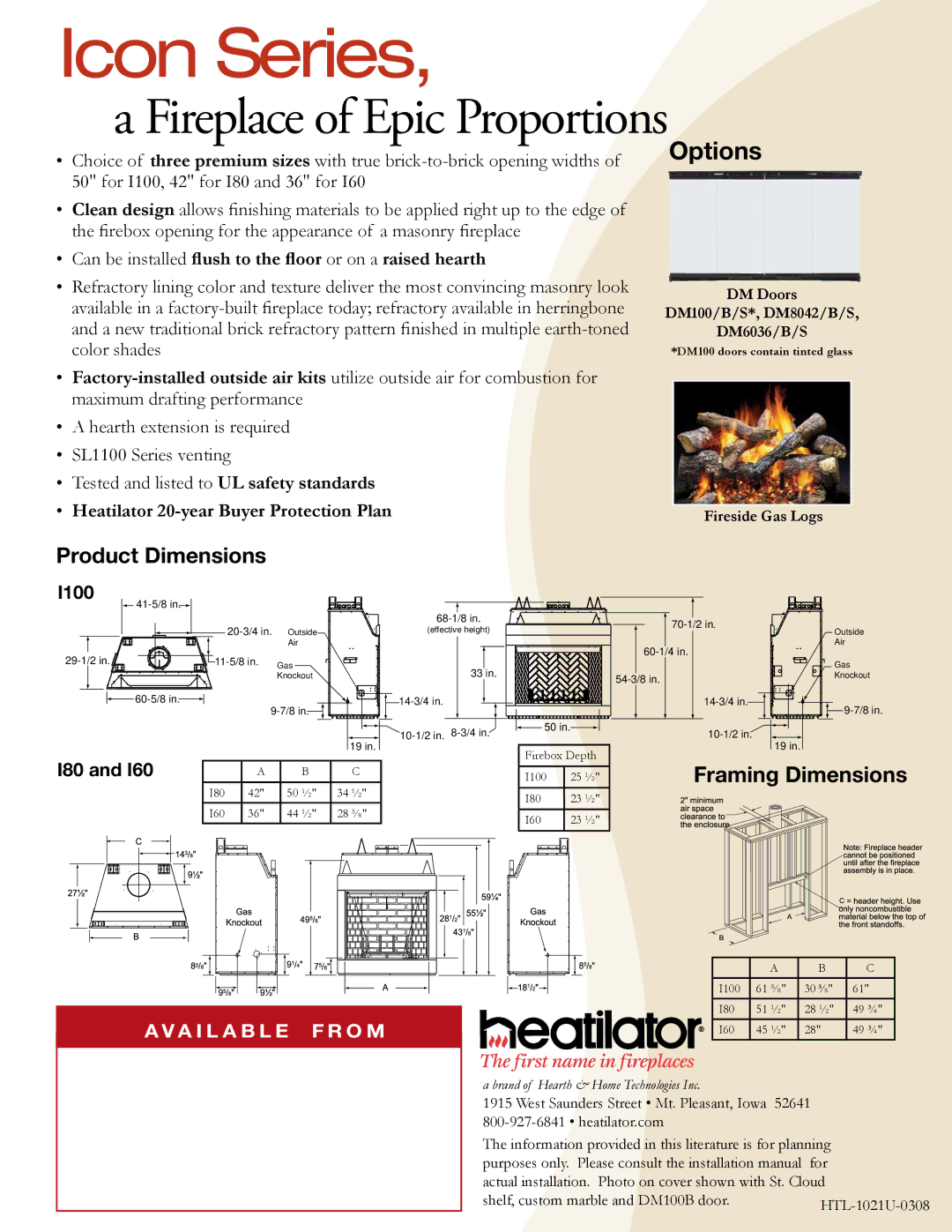 Hearth and Home Technologies Icon Series manual Product Dimensions, Framing Dimensions 