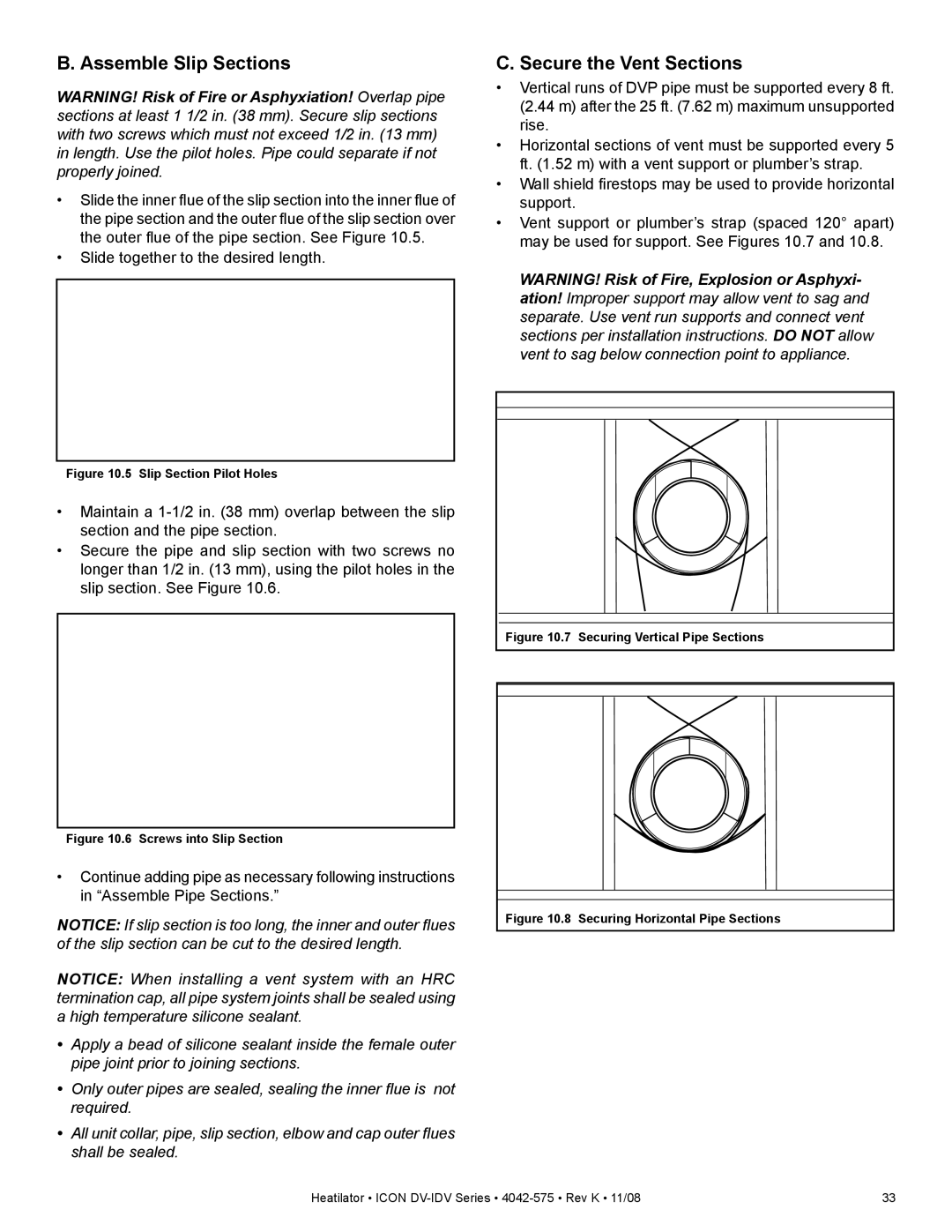 Hearth and Home Technologies IDV6247IT, IDV6247ILT, IDV6247IH, IDV4833ILT Assemble Slip Sections, Secure the Vent Sections 