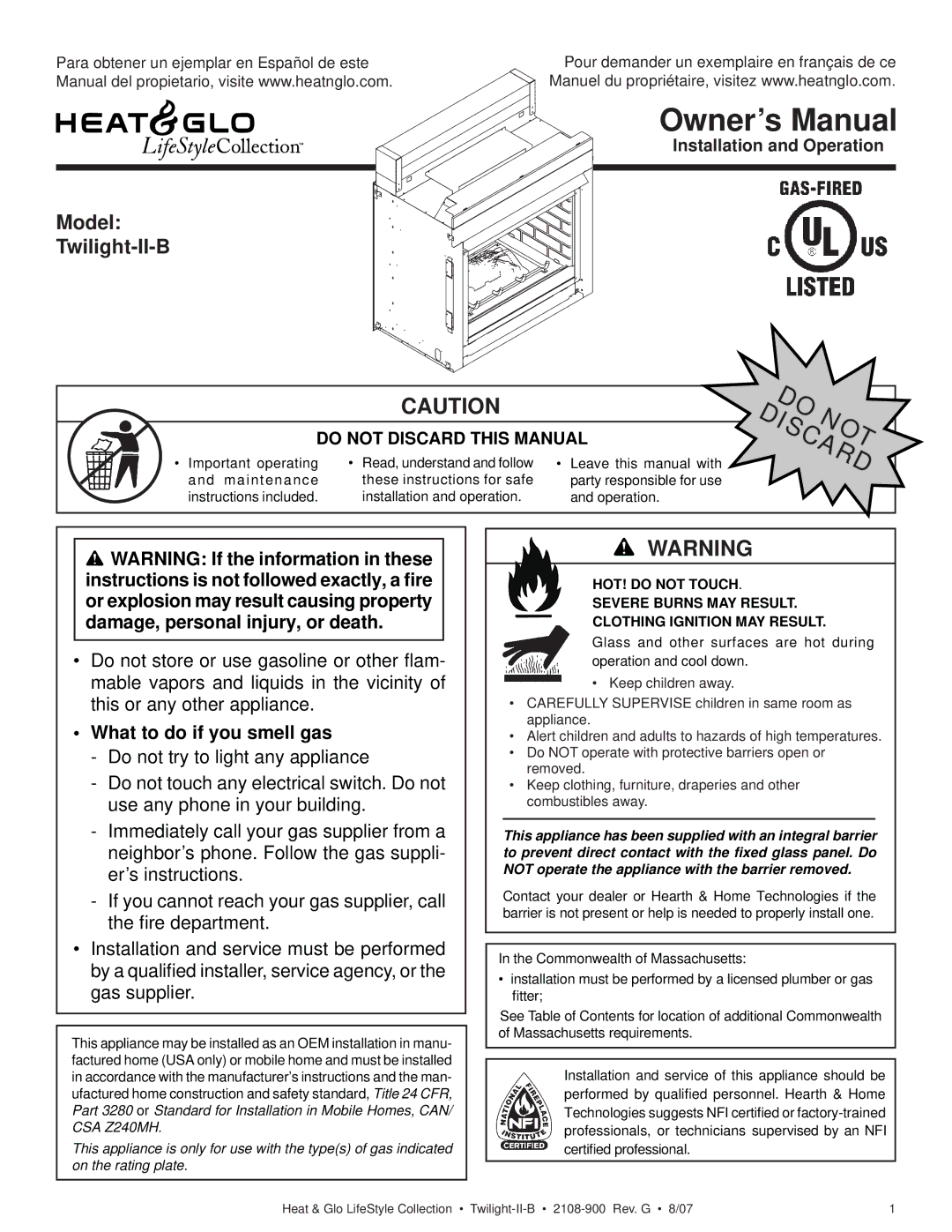 Hearth and Home Technologies owner manual Model Twilight-II-B 