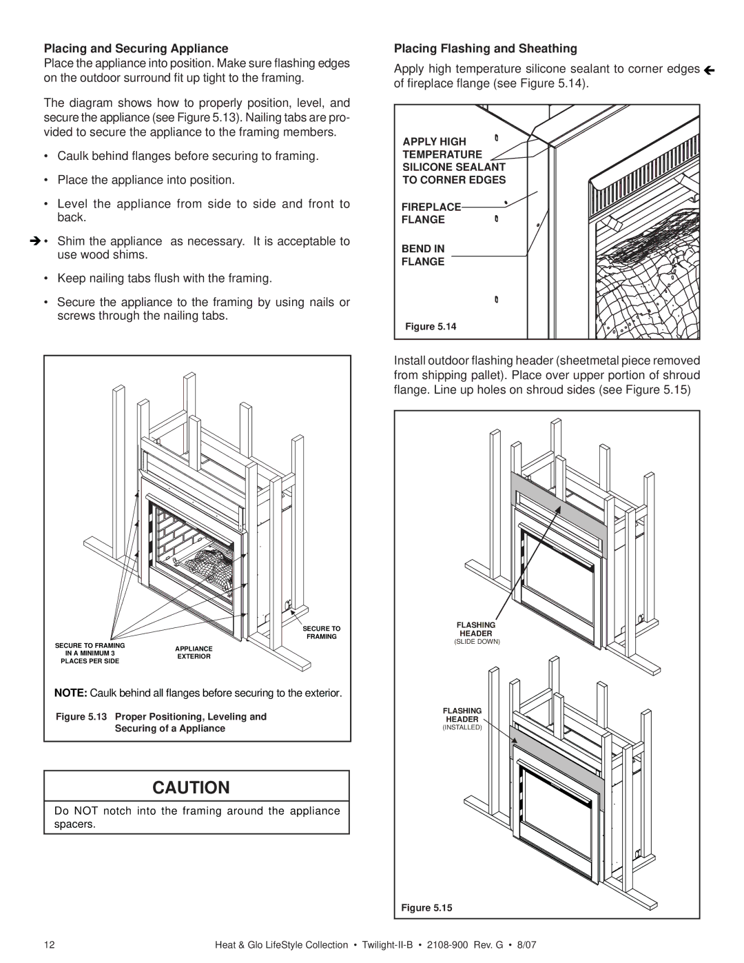 Hearth and Home Technologies II-B owner manual Placing and Securing Appliance, Placing Flashing and Sheathing 