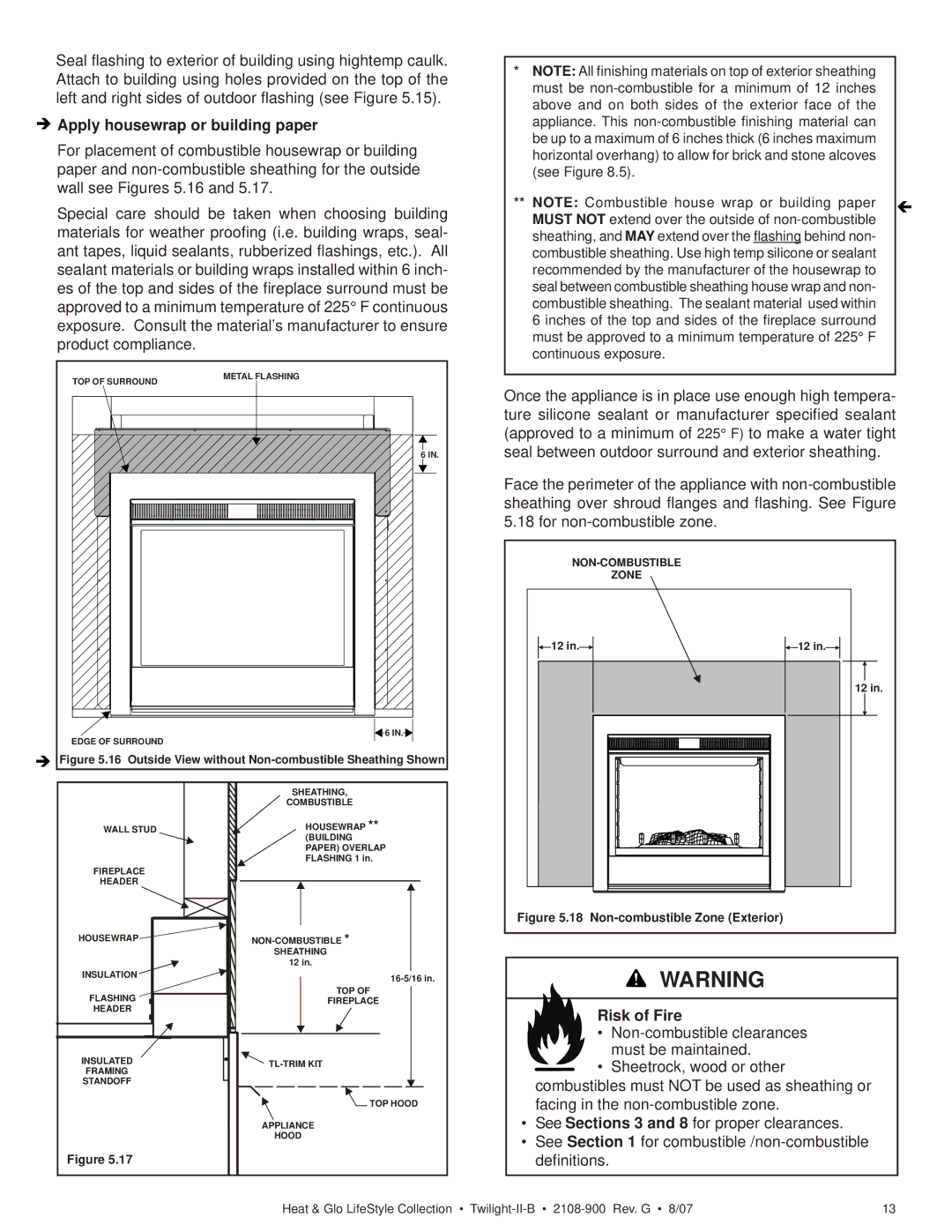 Hearth and Home Technologies II-B owner manual Apply housewrap or building paper, Risk of Fire 