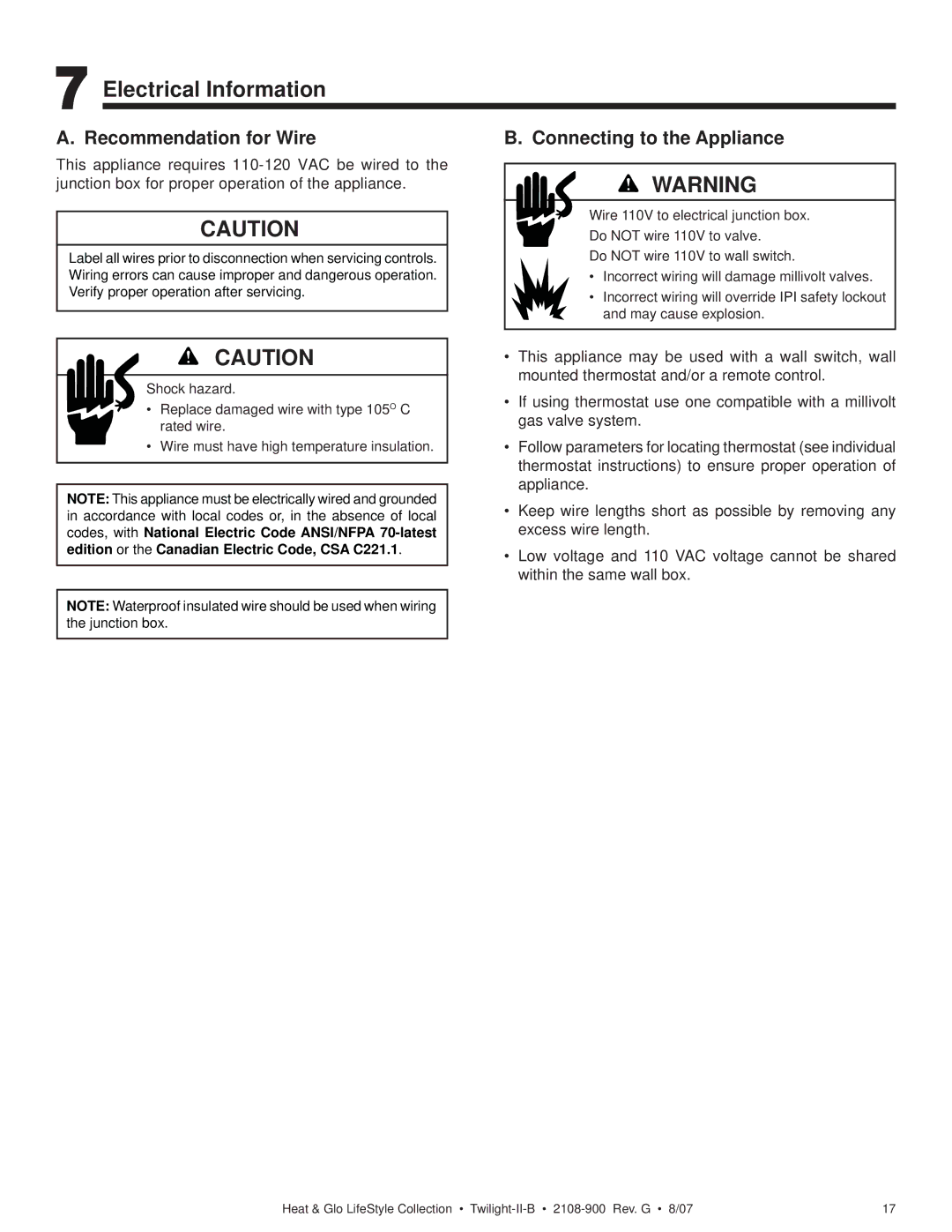 Hearth and Home Technologies II-B owner manual Electrical Information, Recommendation for Wire, Connecting to the Appliance 