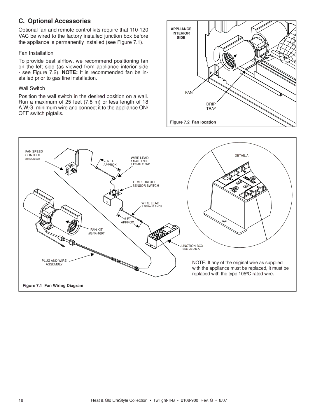 Hearth and Home Technologies II-B owner manual Optional Accessories, Fan location 