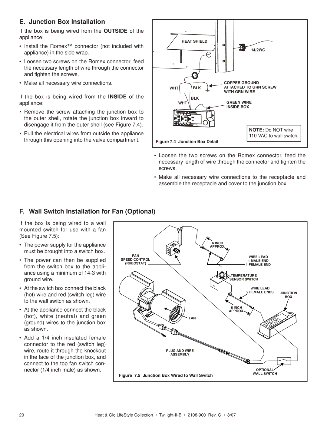 Hearth and Home Technologies II-B owner manual Junction Box Installation, Wall Switch Installation for Fan Optional 