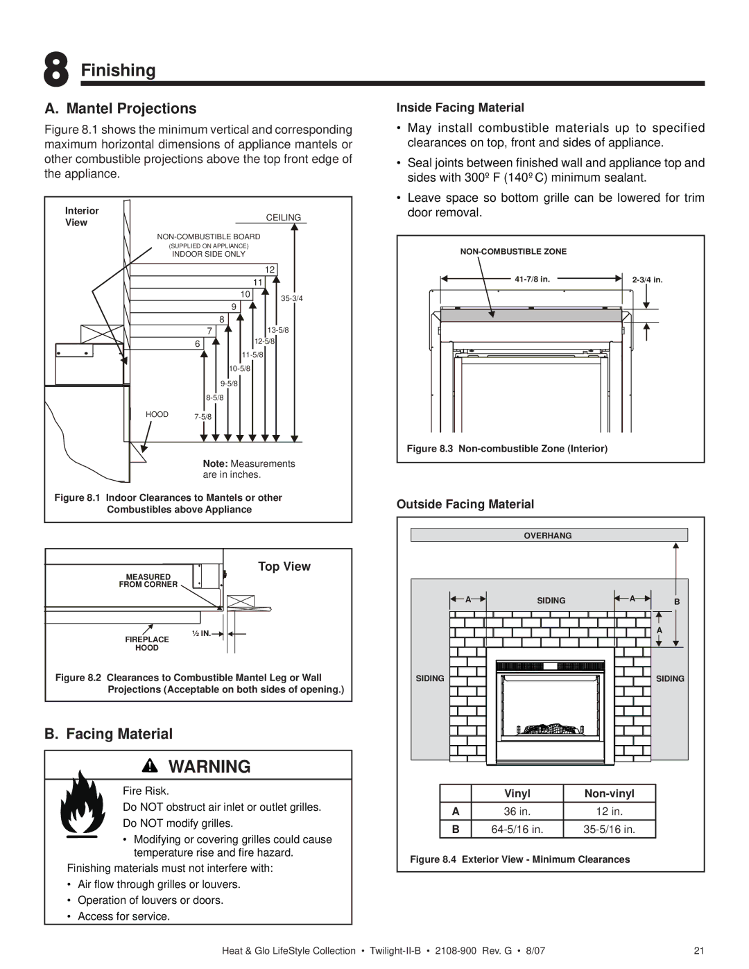 Hearth and Home Technologies II-B owner manual Finishing, Mantel Projections, Facing Material 