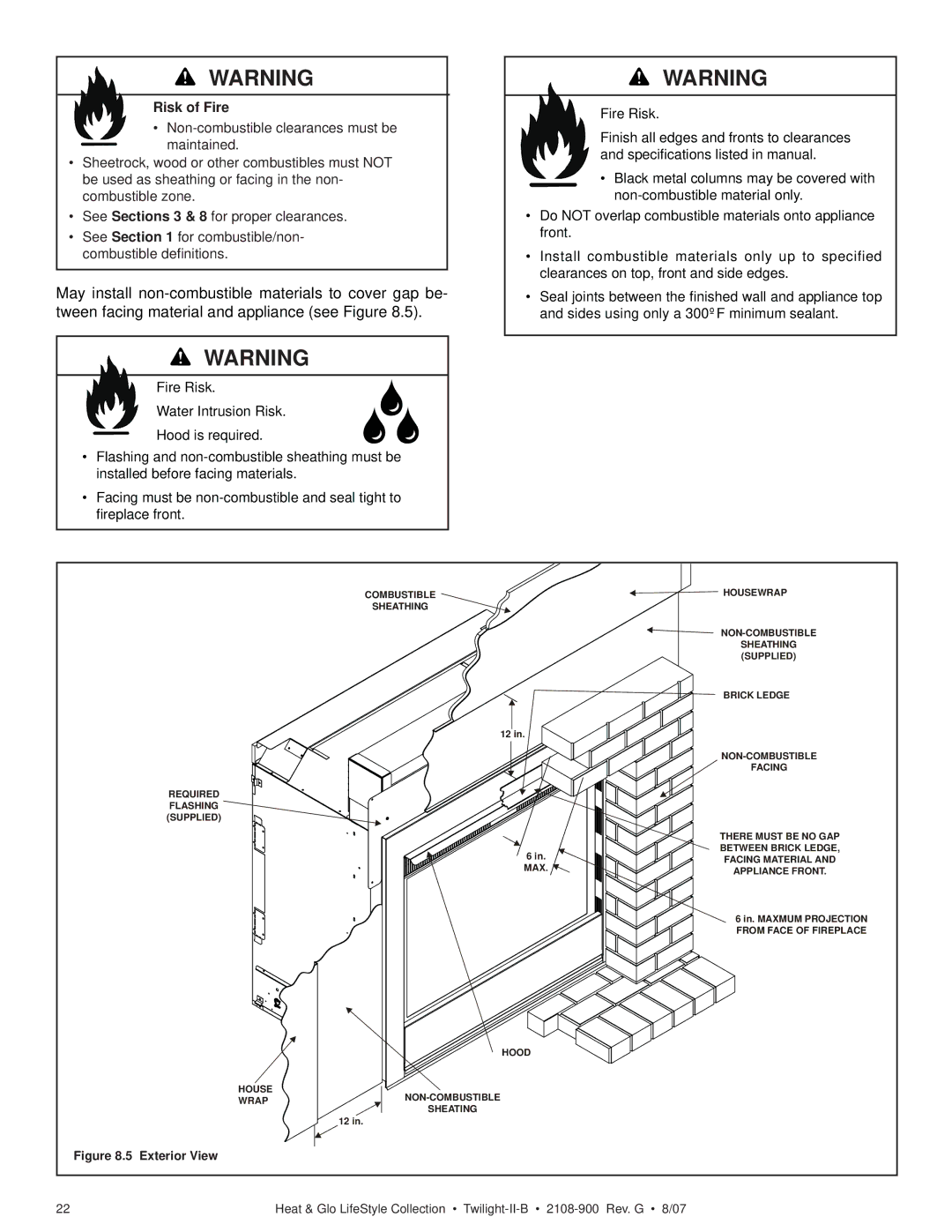 Hearth and Home Technologies II-B owner manual Risk of Fire 