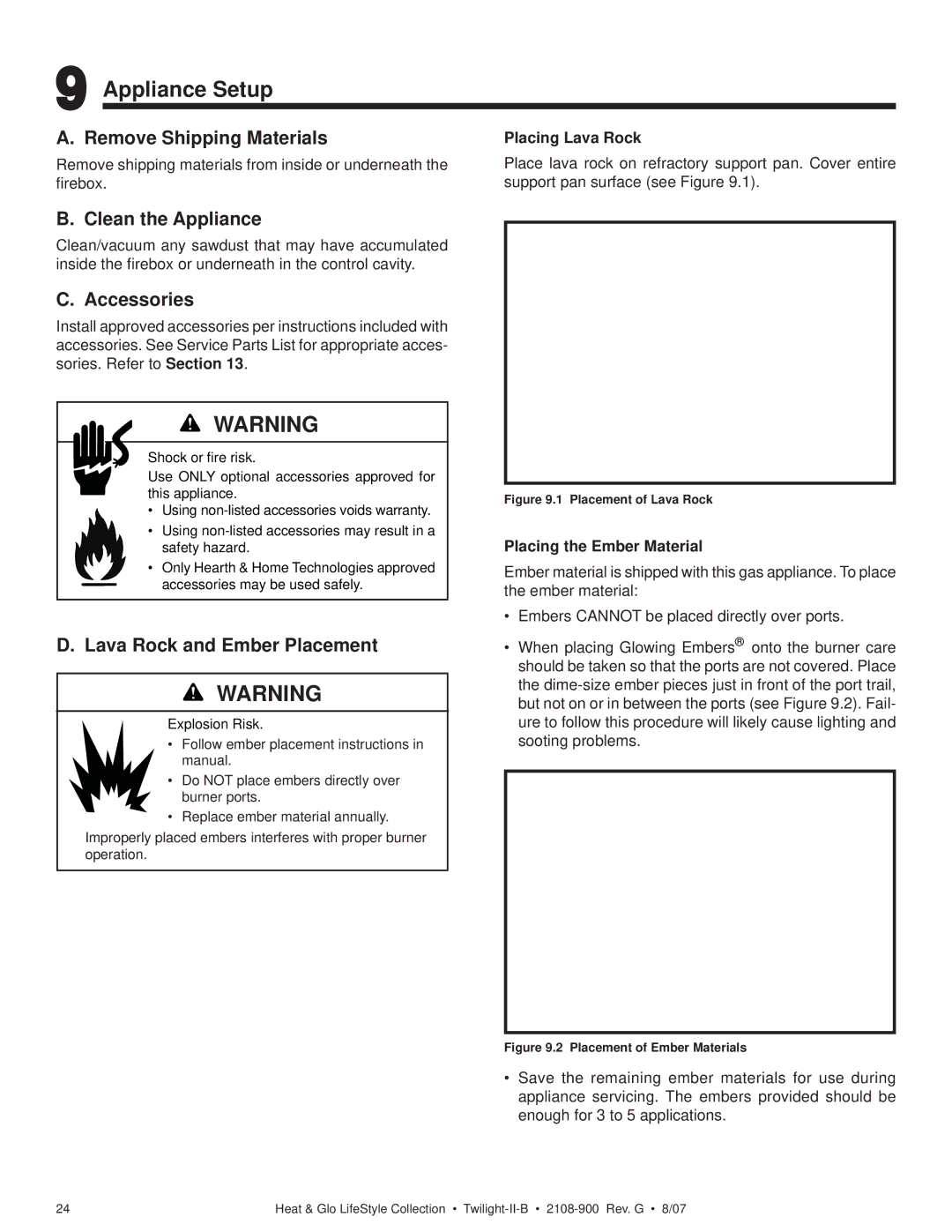 Hearth and Home Technologies II-B owner manual Appliance Setup, Remove Shipping Materials, Clean the Appliance, Accessories 