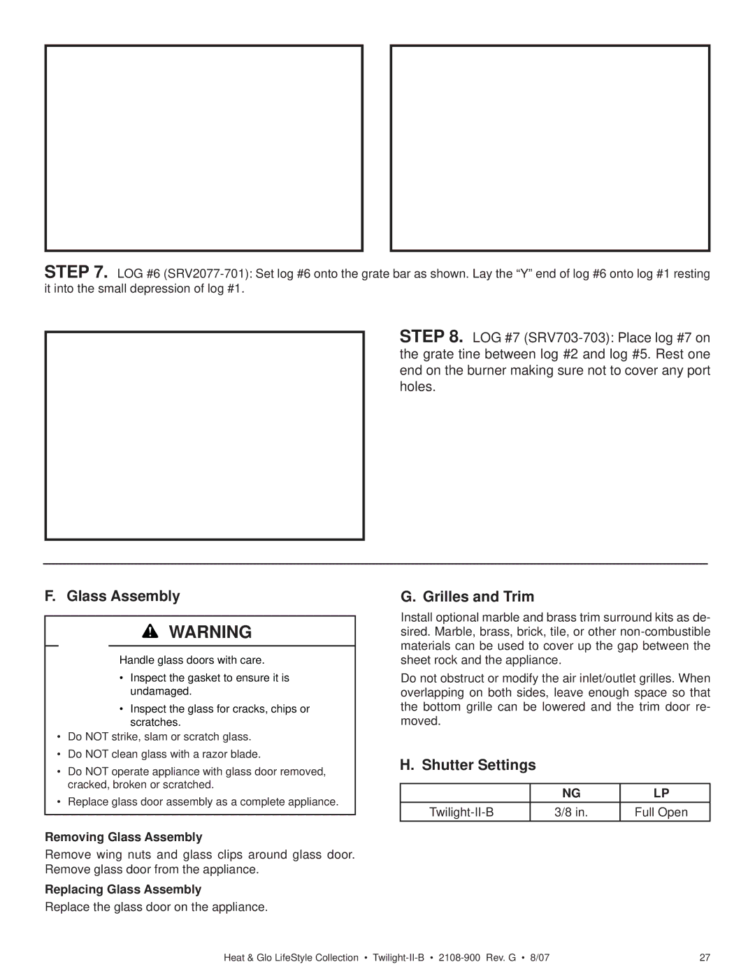 Hearth and Home Technologies II-B owner manual Grilles and Trim, Shutter Settings, Removing Glass Assembly 