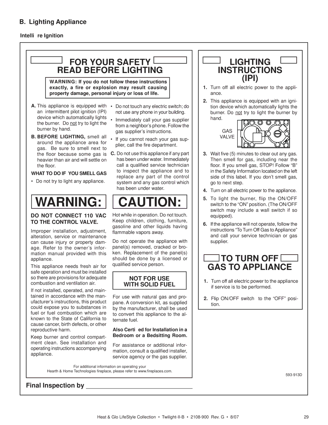 Hearth and Home Technologies II-B owner manual Lighting Appliance, Intelliﬁre Ignition 