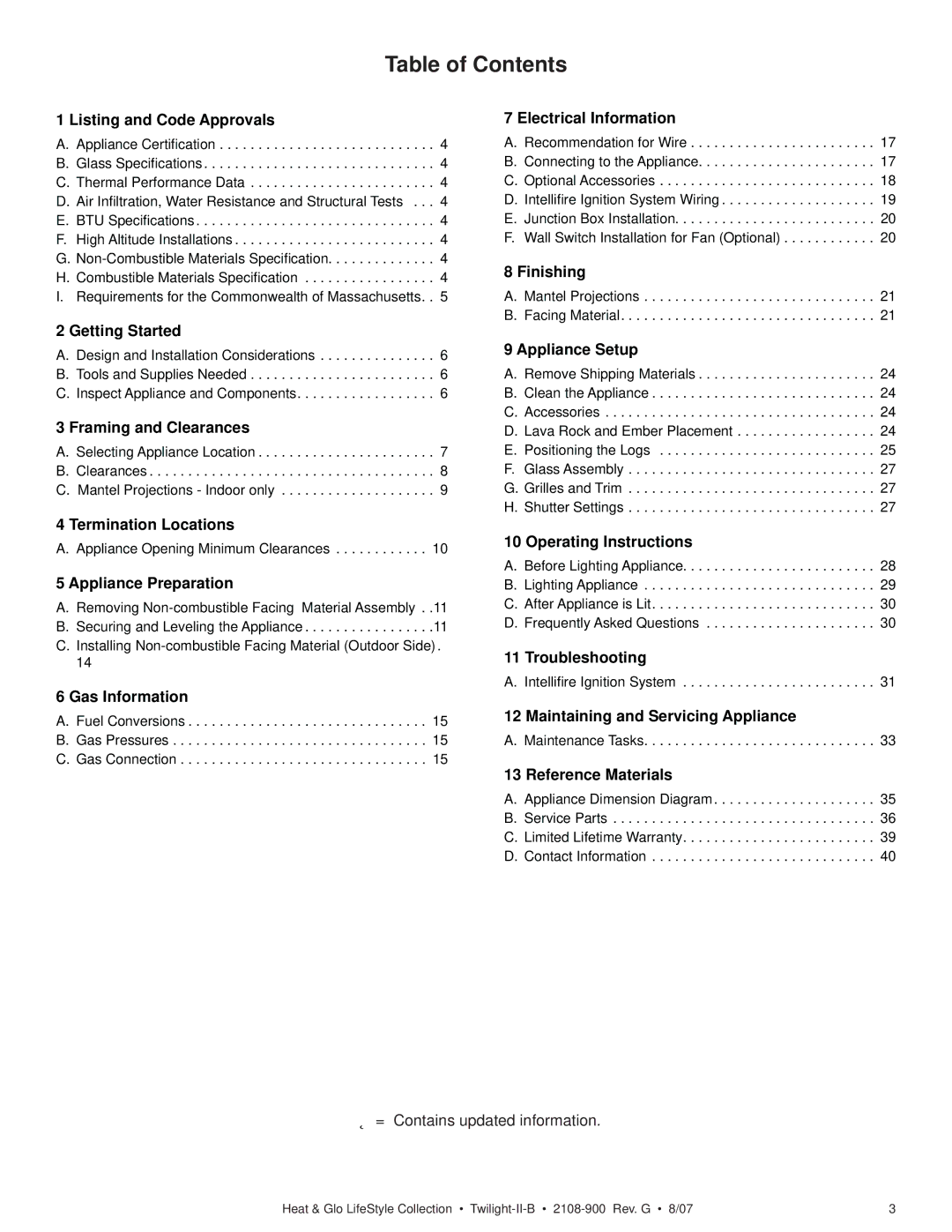 Hearth and Home Technologies II-B owner manual Table of Contents 